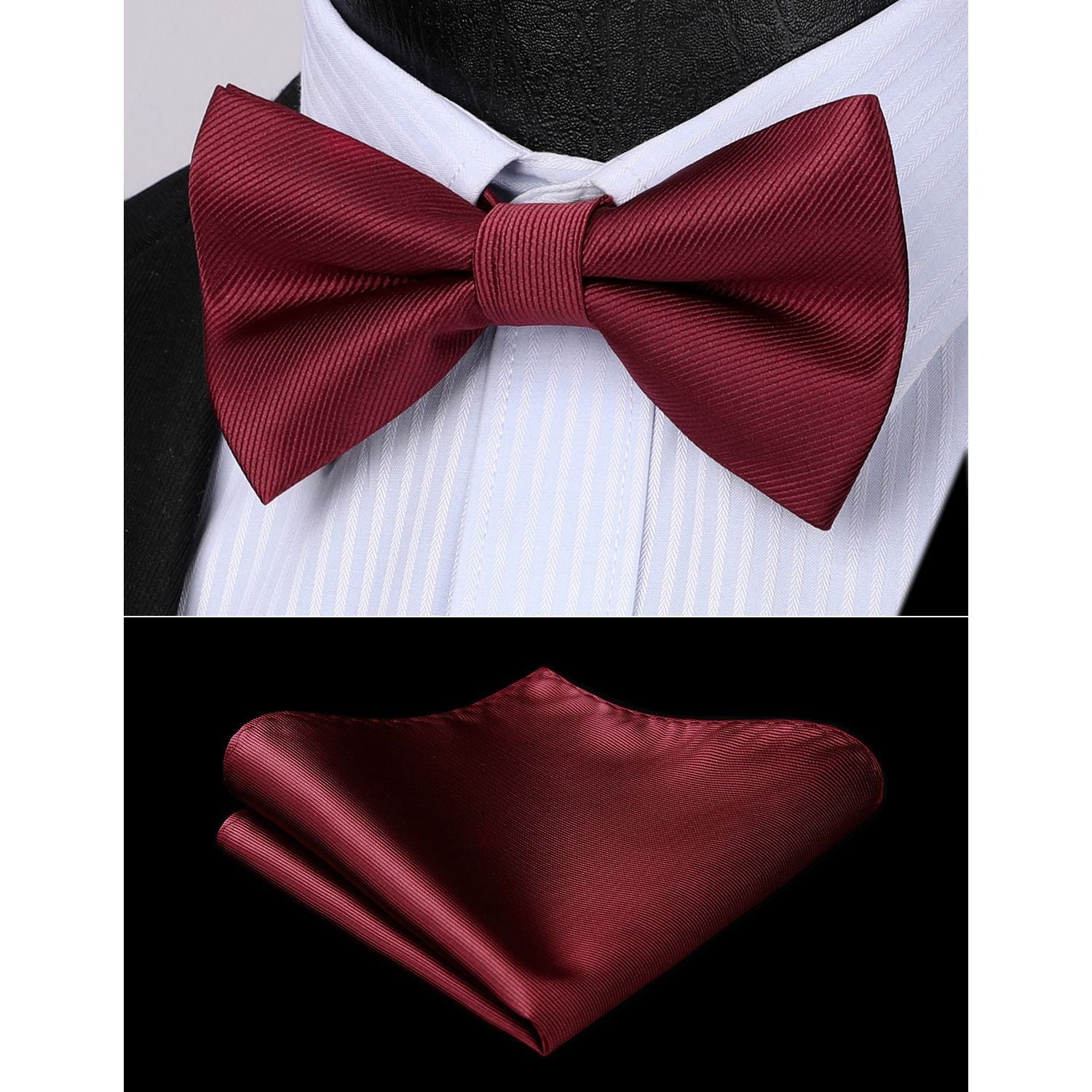 Solid Pre-Tied Bow Tie & Pocket Square - U-BURGUNDY 2