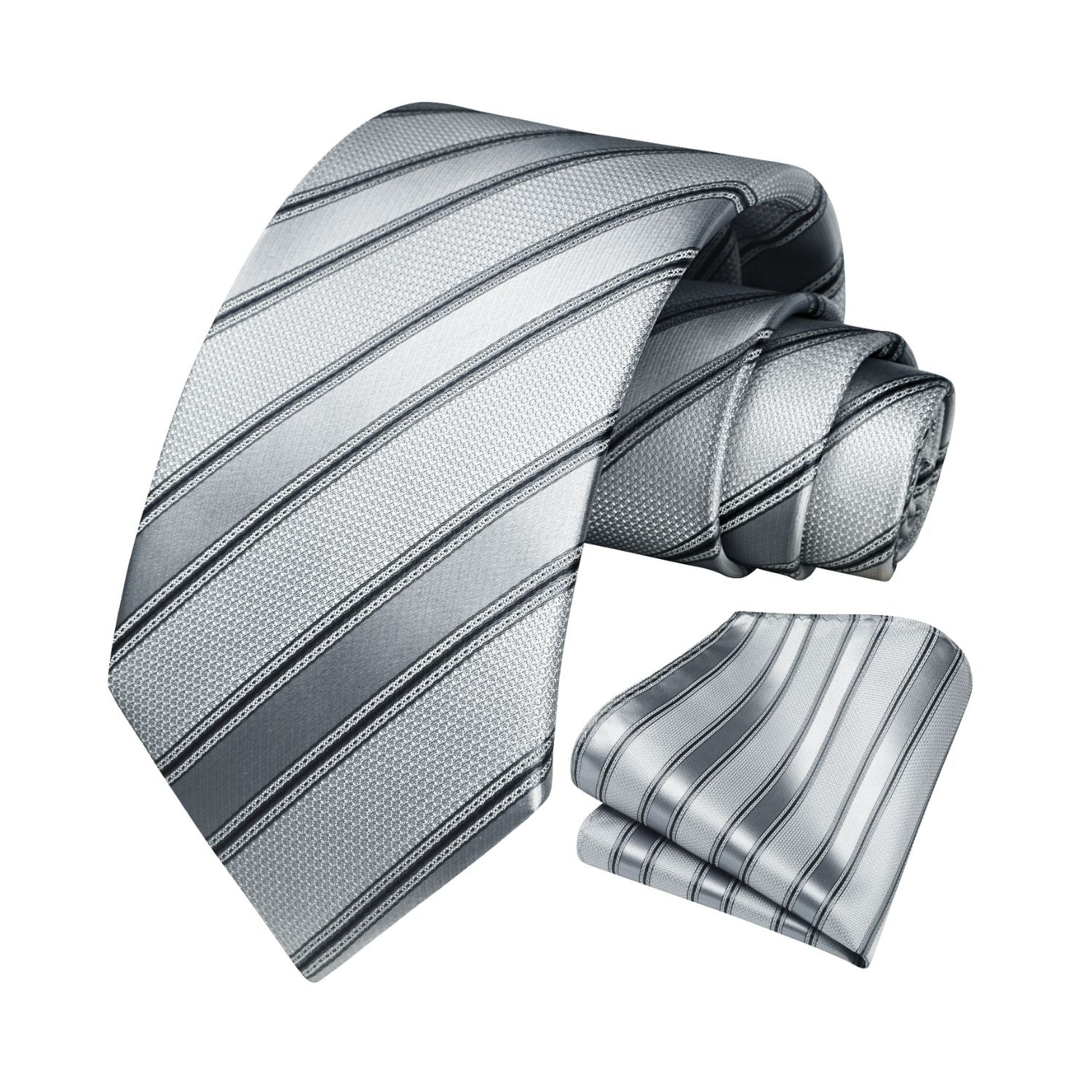 Stripe Tie Handkerchief Set - SILVER/GREY