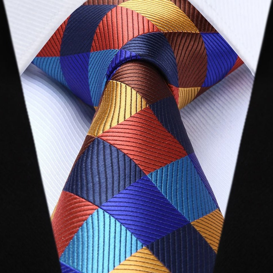 Plaid Tie Handkerchief Set - ORANGE/BLUE/BROWN