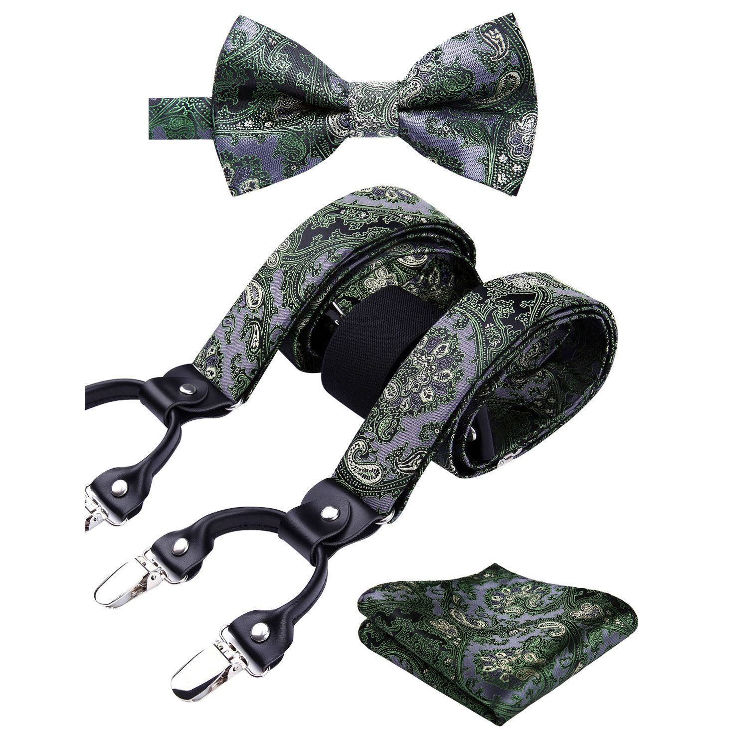 Paisley Floral Suspender Pre-Tied Bow Tie Handkerchief - D8-GREEN /GRAY