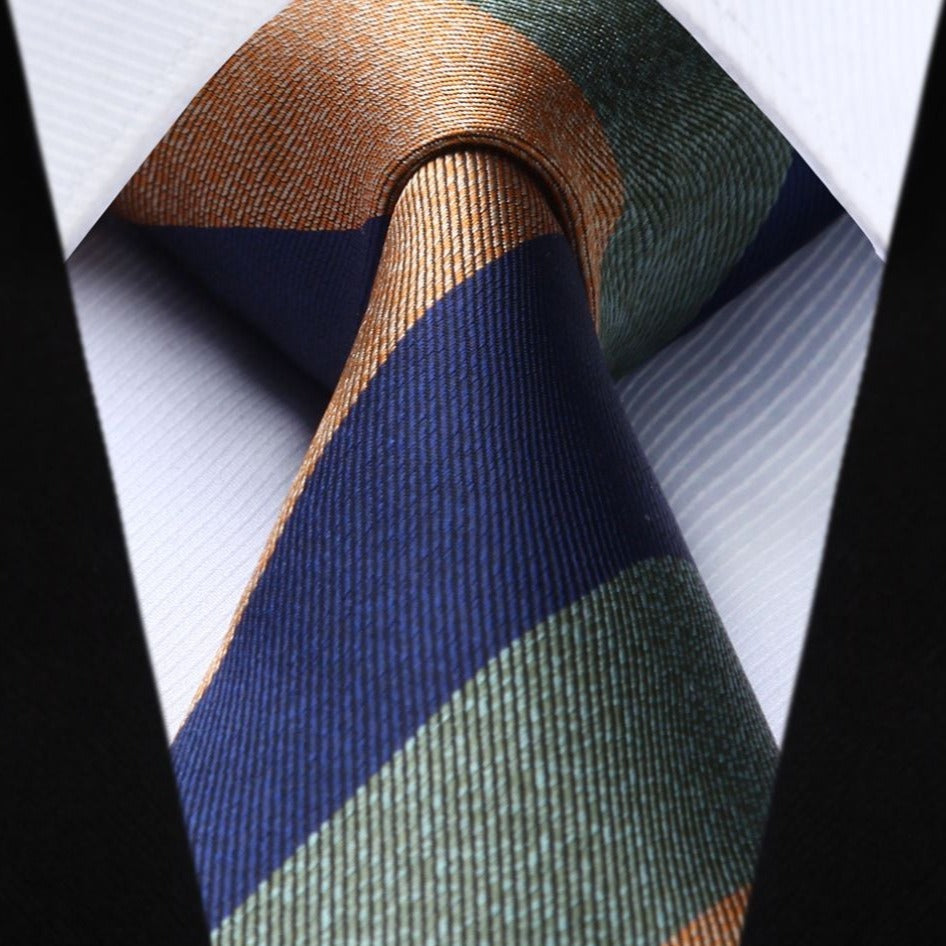 Stripe Tie Handkerchief Set - OLIVE GREEN/TAN/NAVY BLUE