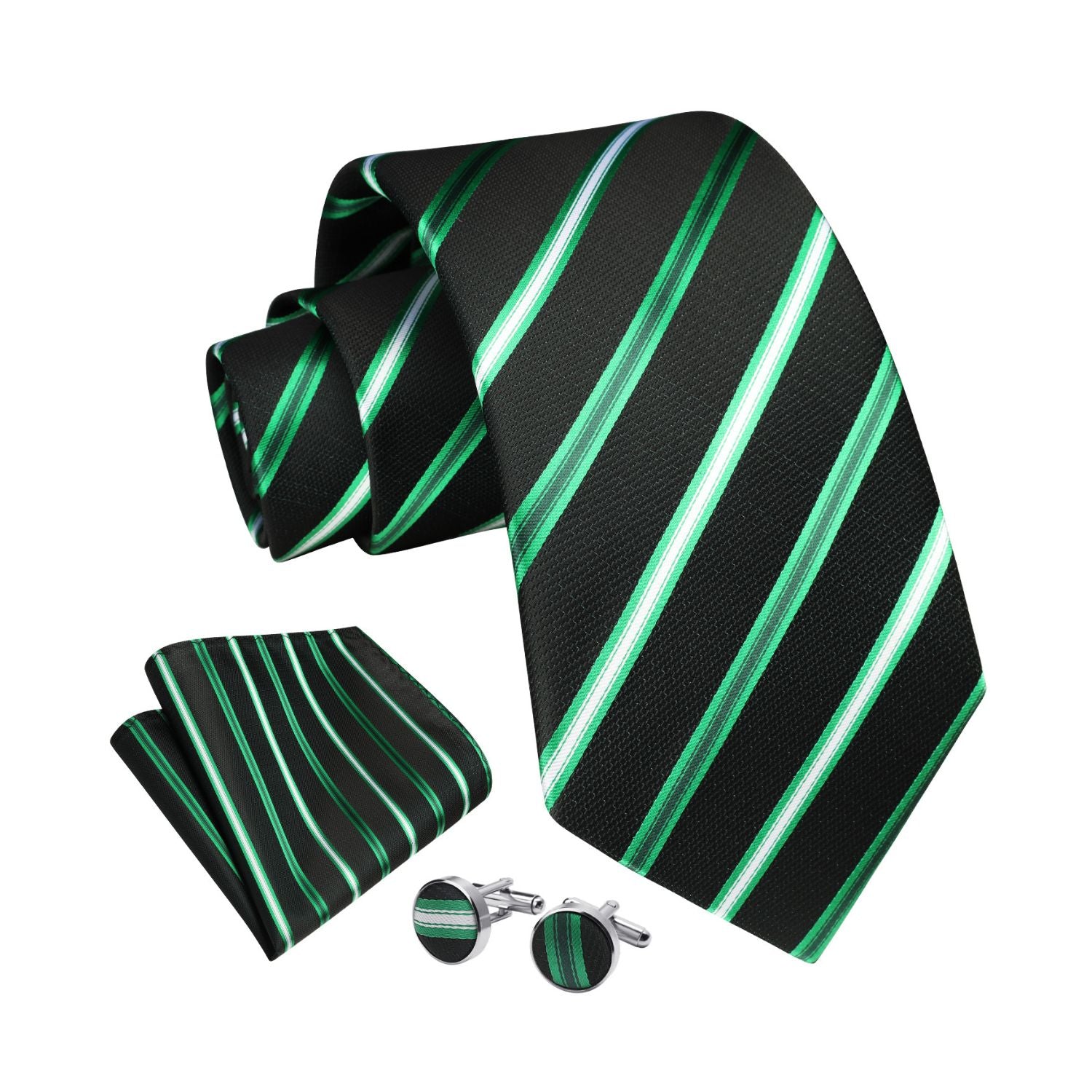 Stripe Tie Handkerchief Cufflinks - C-021 GREEN BLACK