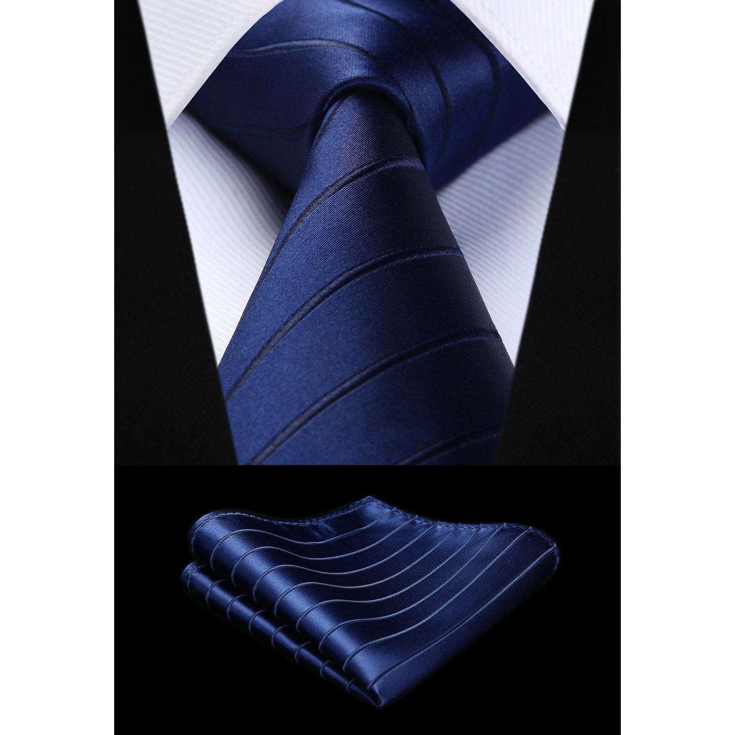 Stripe Tie Handkerchief Set - NAVY BLUE A02