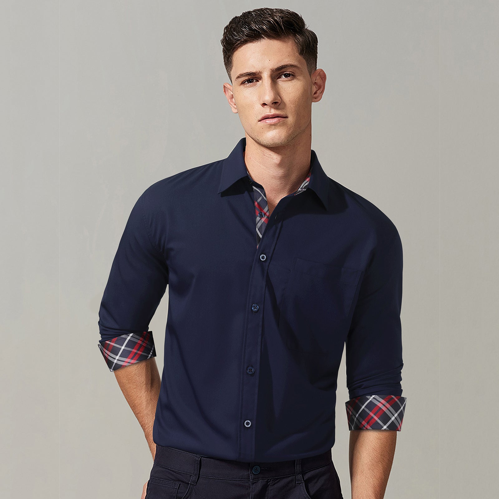 Casual Formal Shirt with Pocket - 17-NAVY BLUE