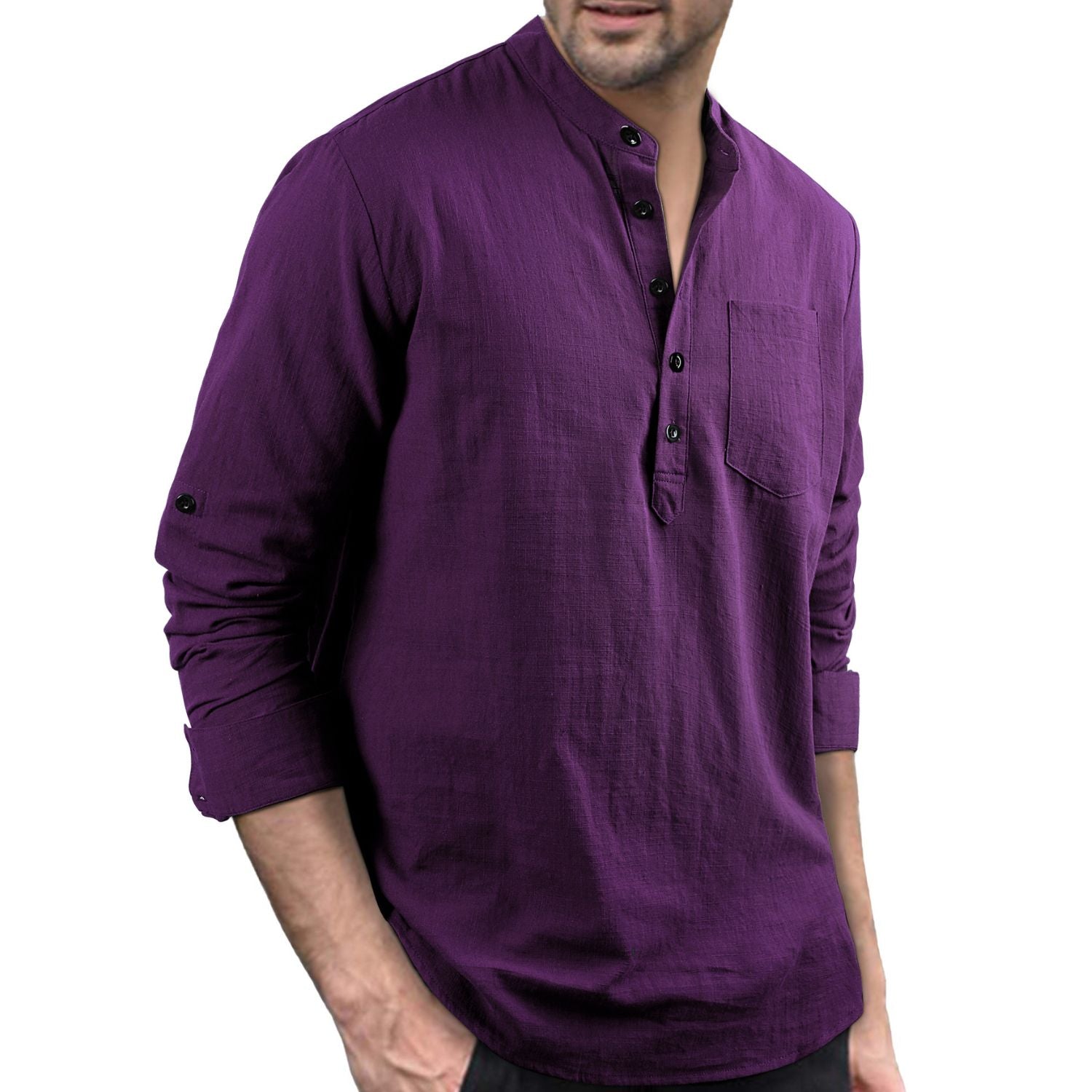 Casual Henley Shirt with Pocket - PURPLE