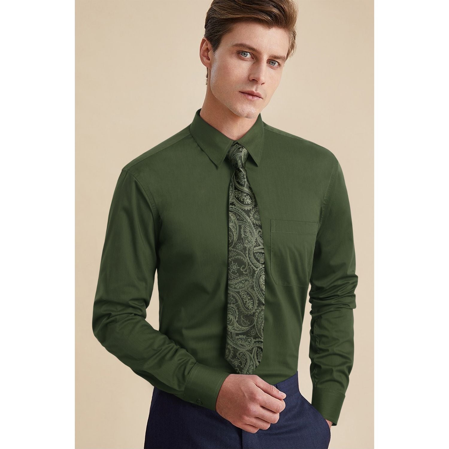 Men's Shirt with Tie Handkerchief Set - 08-GREEN