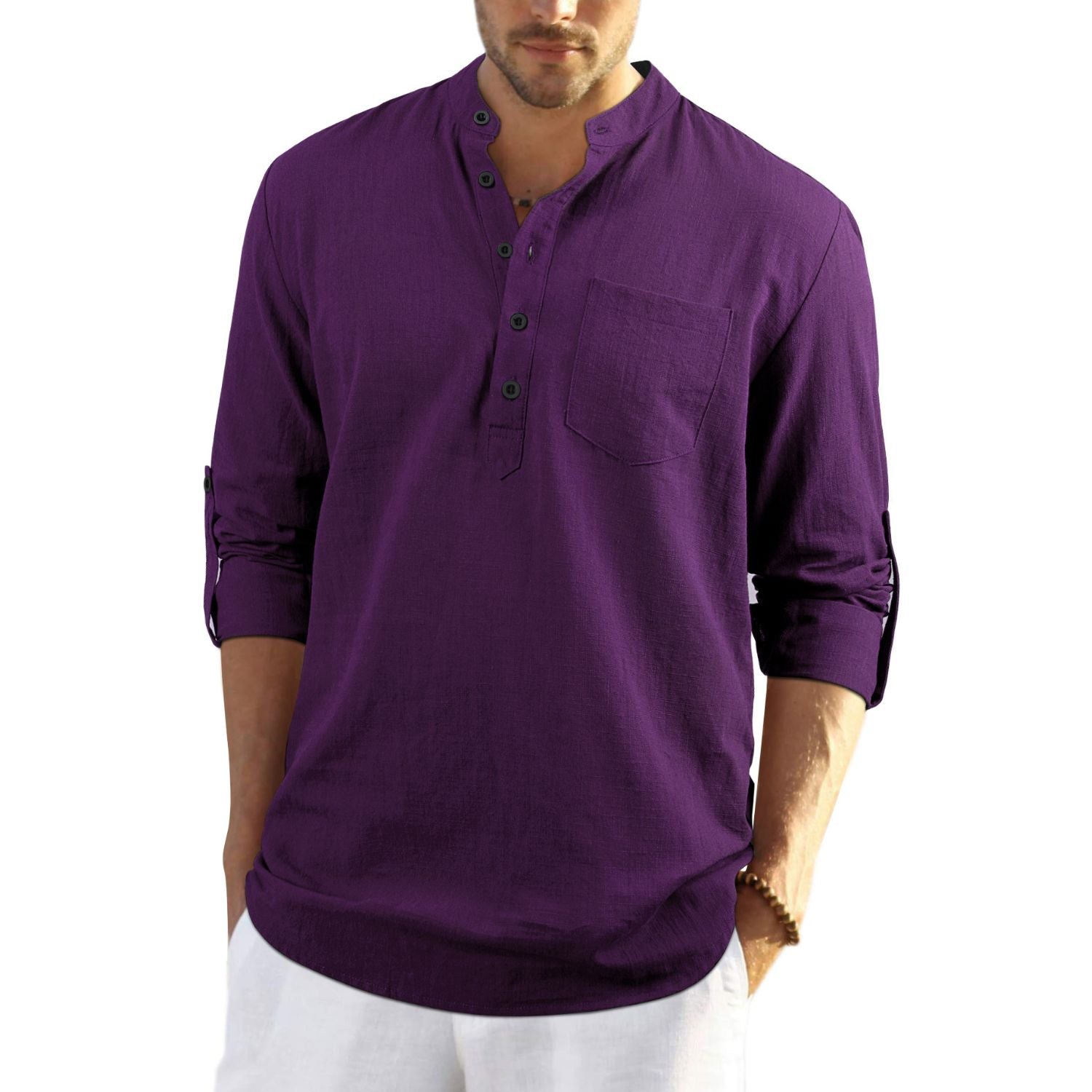 Casual Henley Shirt with Pocket - PURPLE