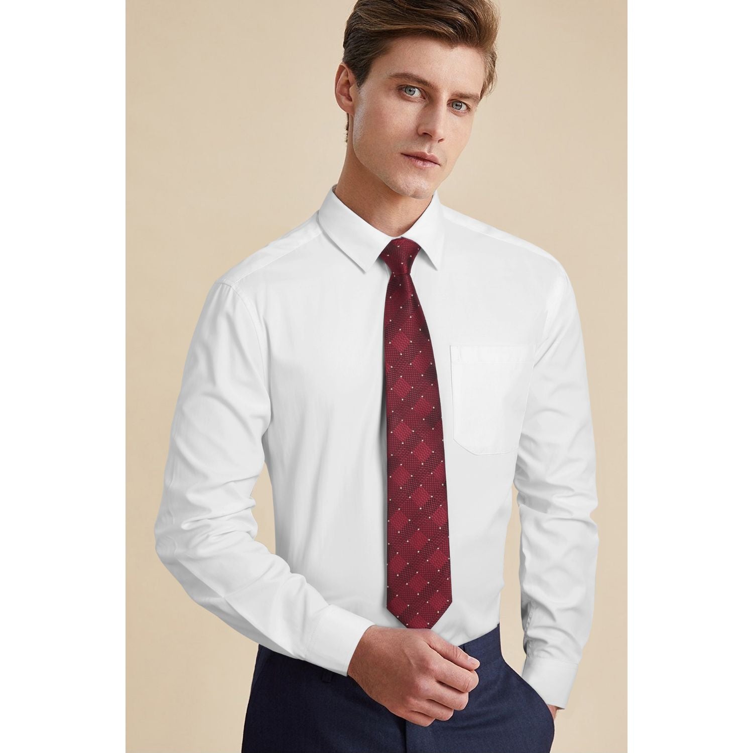 Men's Shirt with Tie Handkerchief Set - 02-WHITE/RED