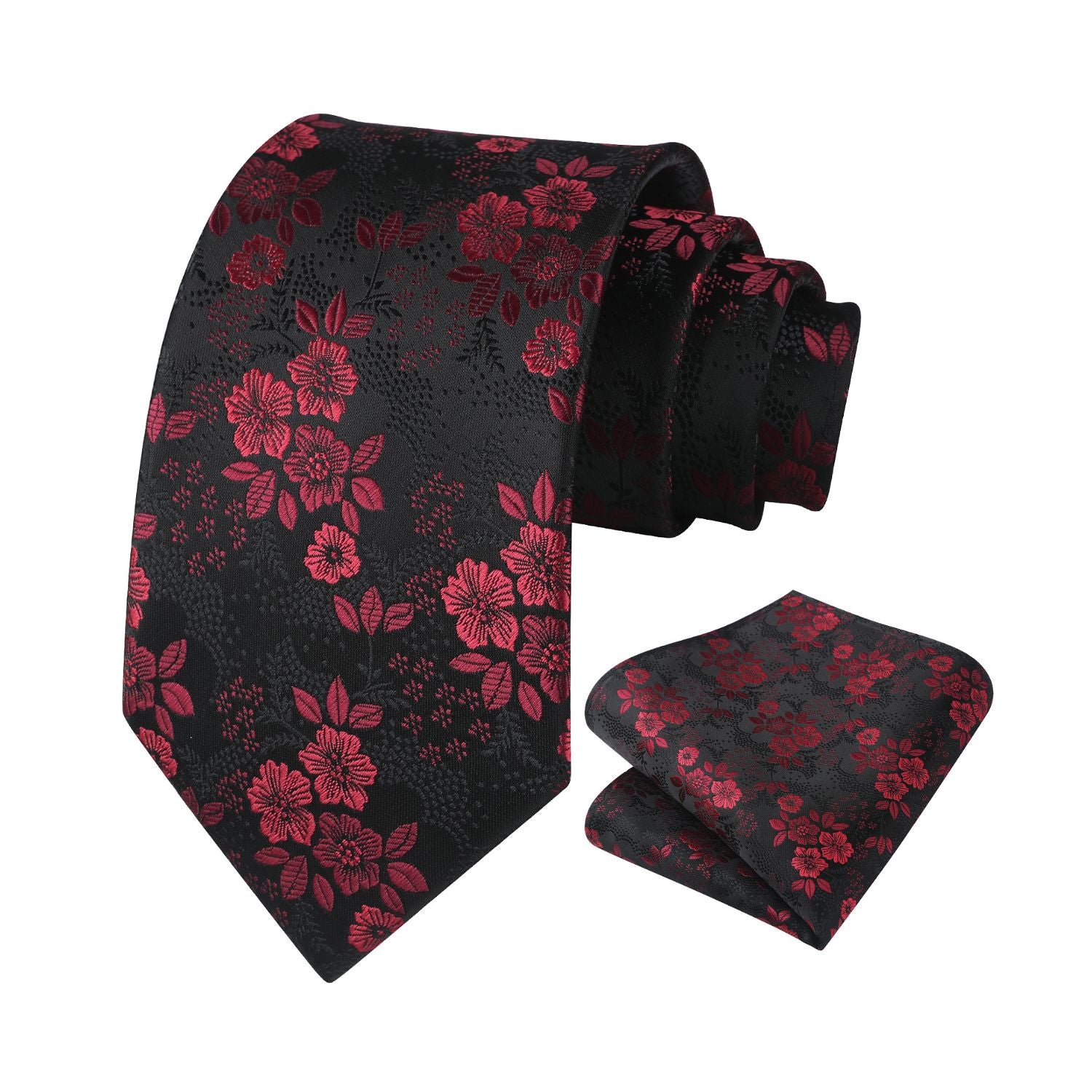 Floral Tie Handkerchief Set - RED/BLACK