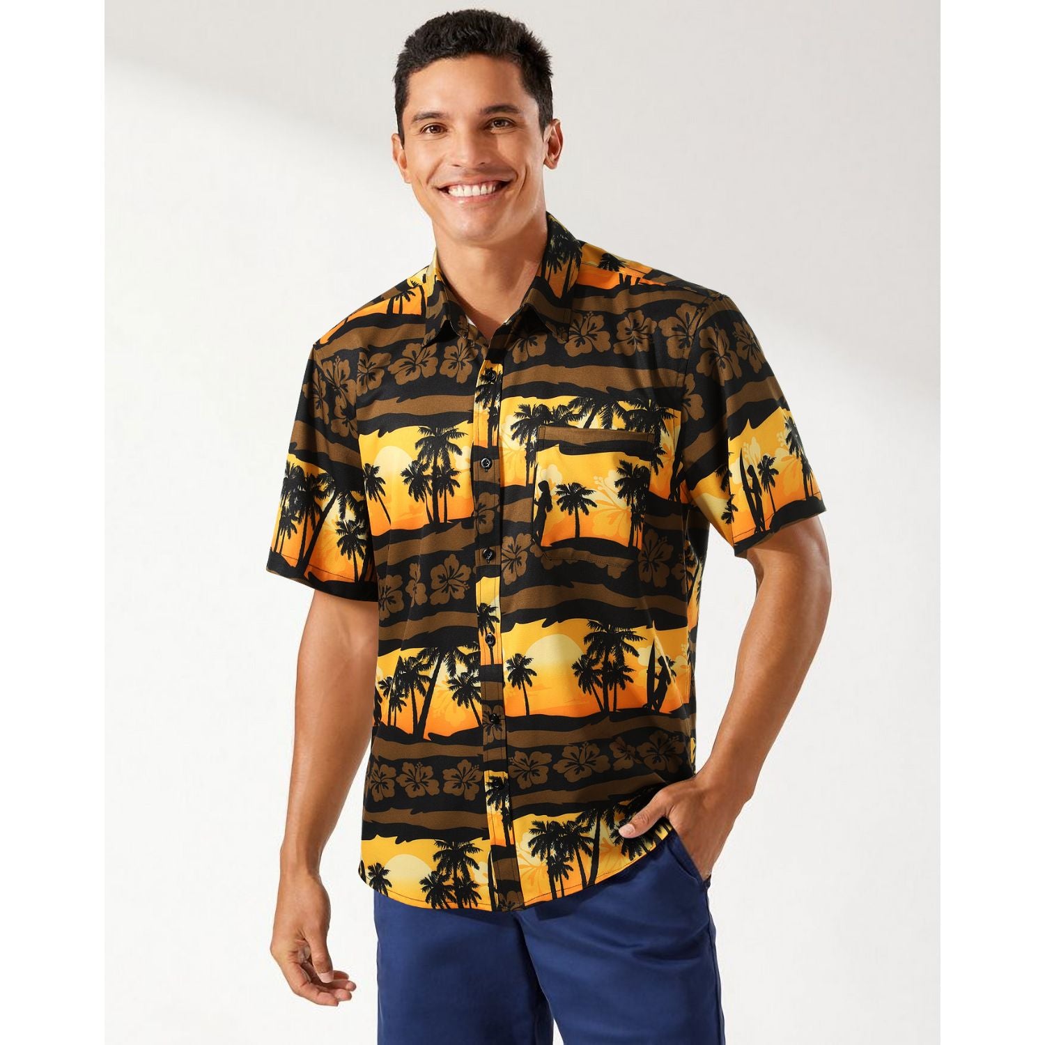 Hawaiian Tropical Shirts with Pocket - Z01- YELLOW/BROWN