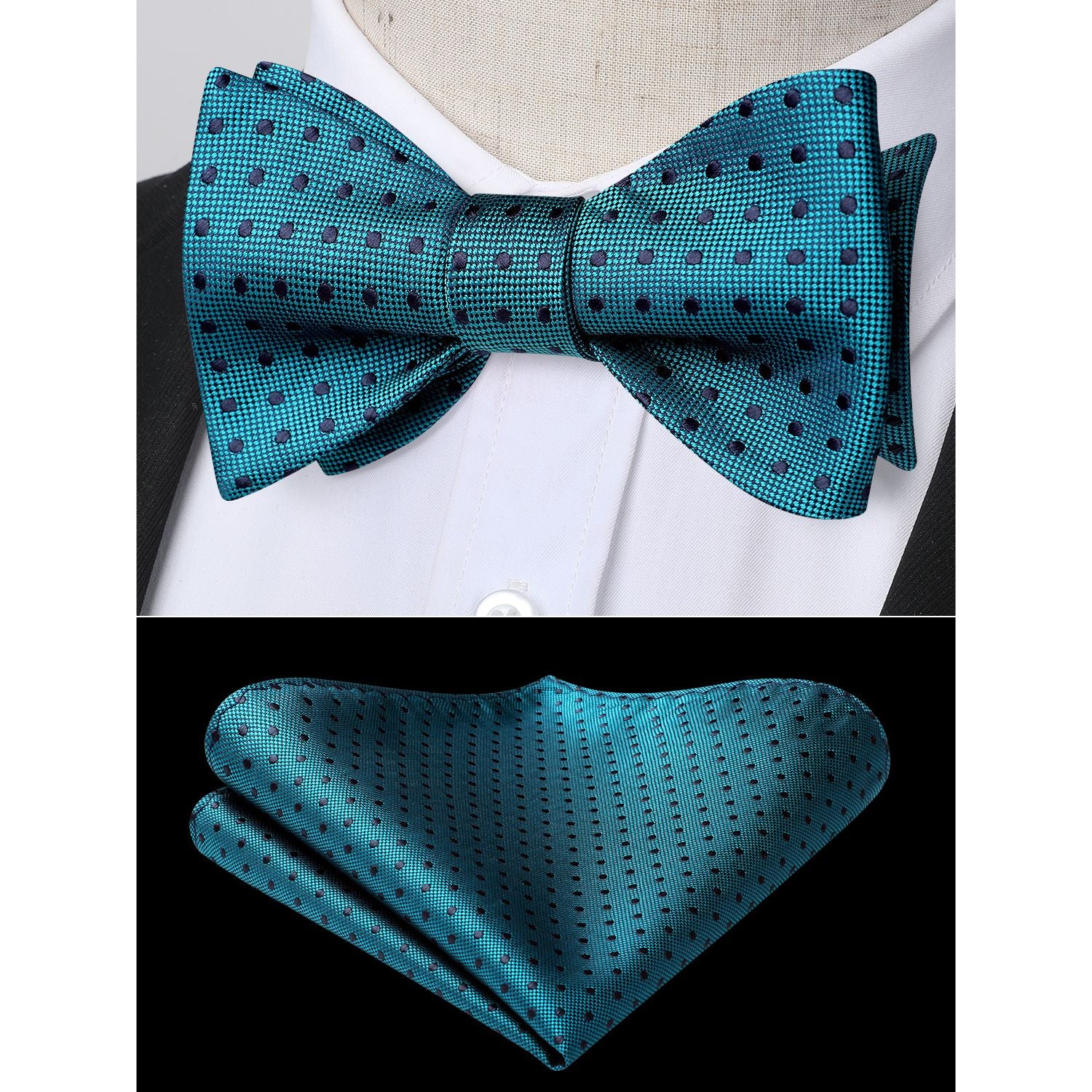 Polka Dots Bow Tie & Pocket Square - E3-GREEN/NAVY BLUE