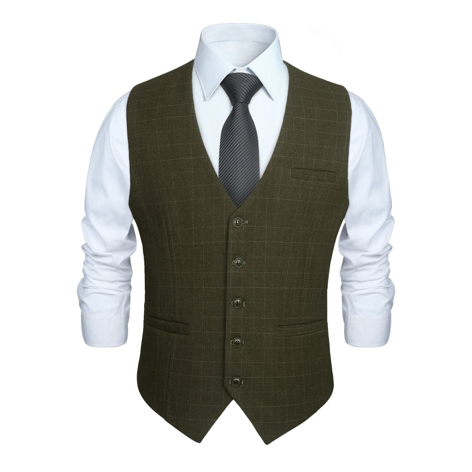Plaid Slim Vest - A-OLIVE GREEN