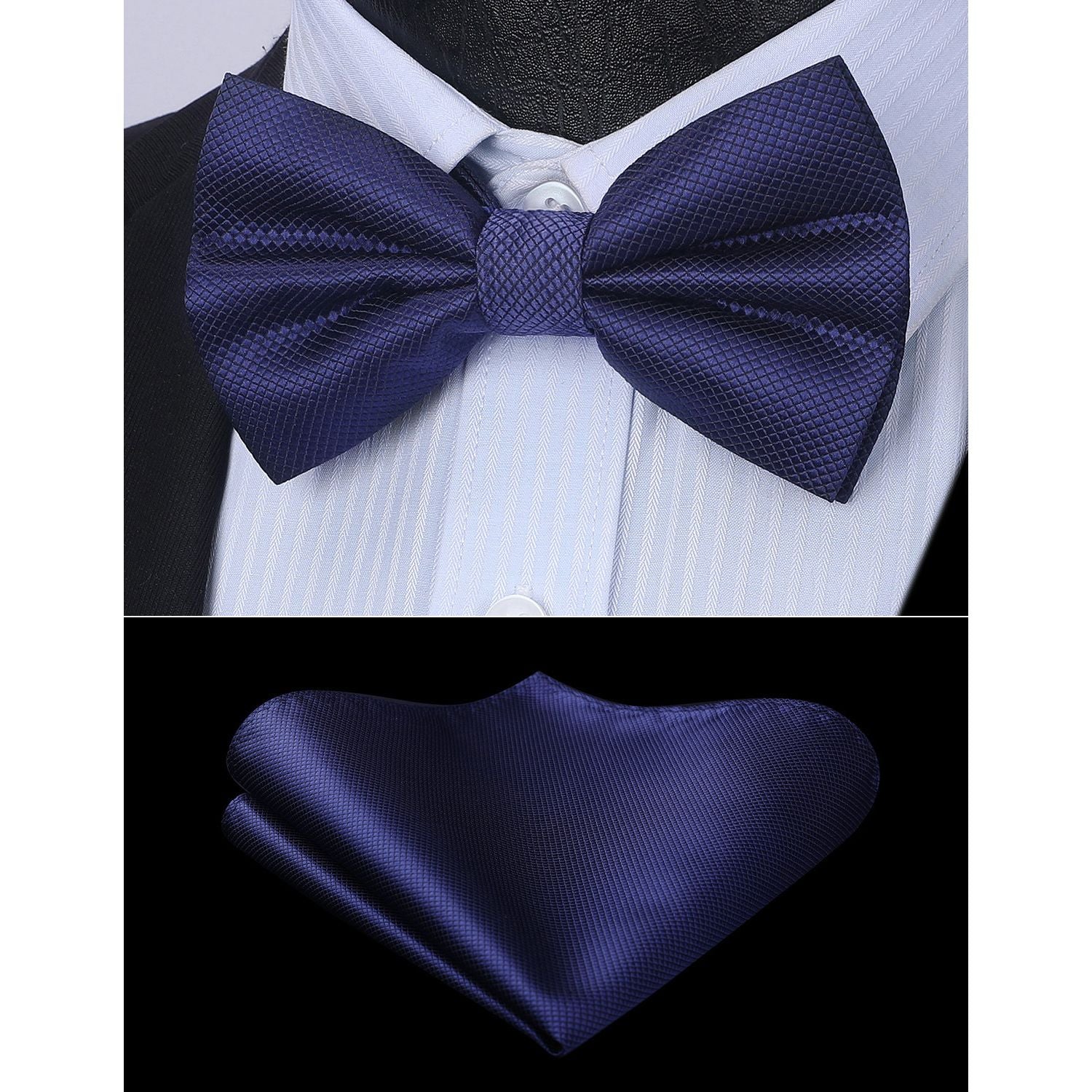 Solid Pre-Tied Bow Tie & Pocket Square - V-NAVY BLUE 3