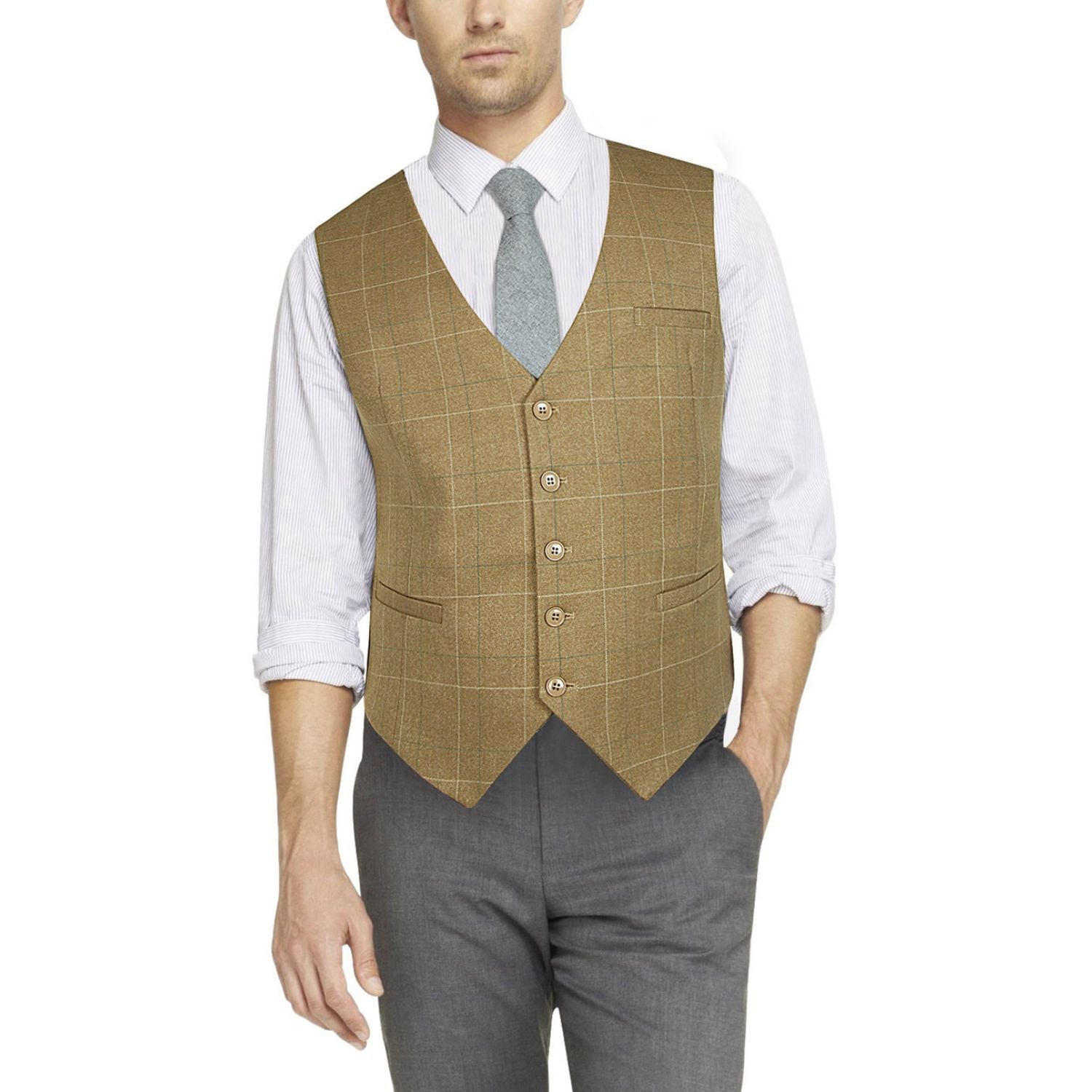 Plaid Slim Vest - A-KHAKI