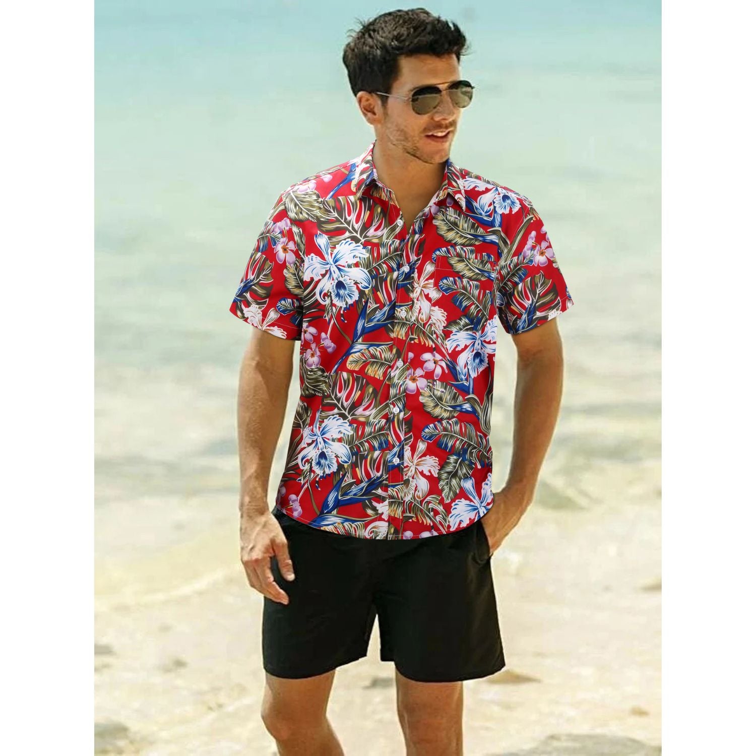 Hawaiian Tropical Shirts with Pocket - RED