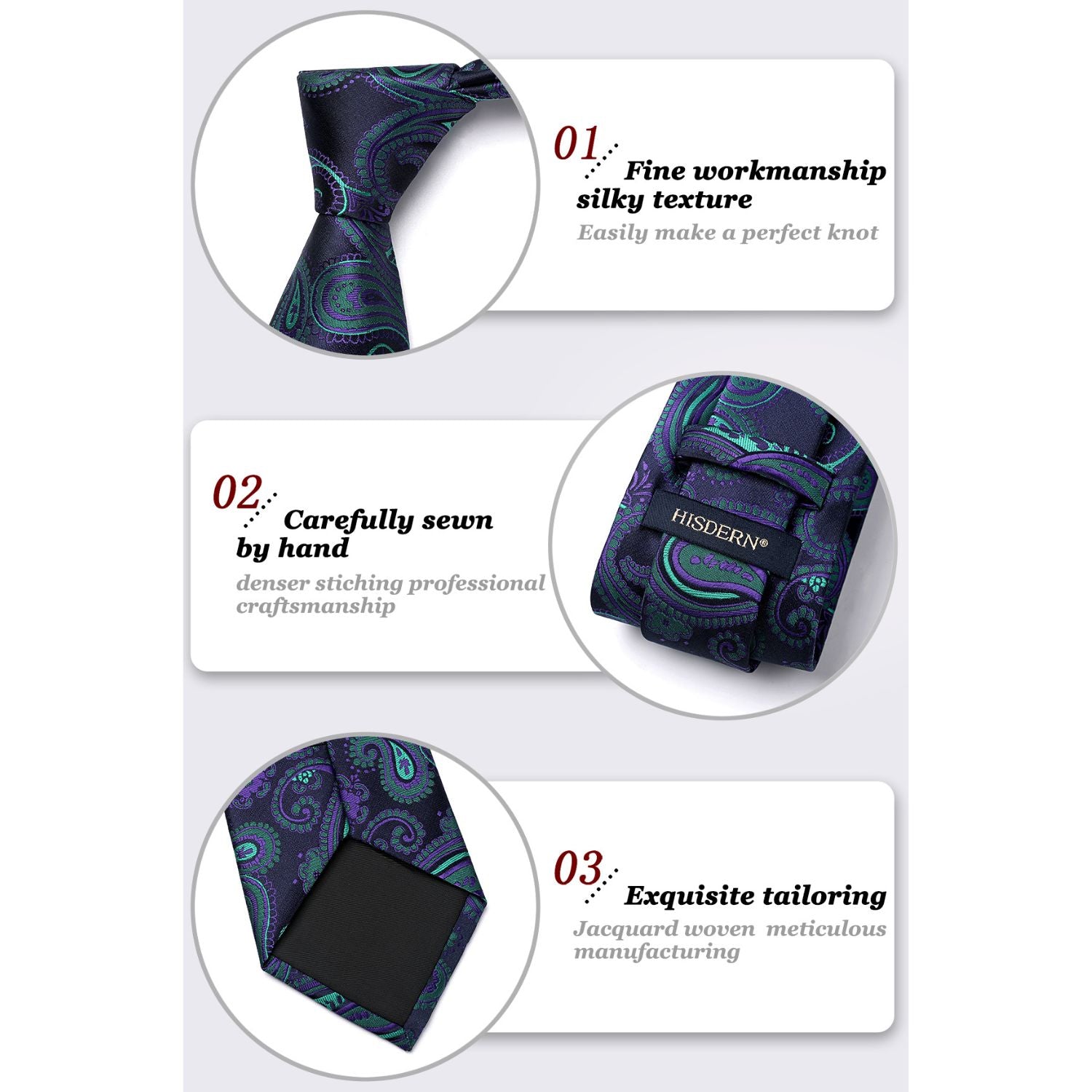 Paisley Floral Tie Handkerchief Set - NAVY BLUE/GREEN/PURPLE