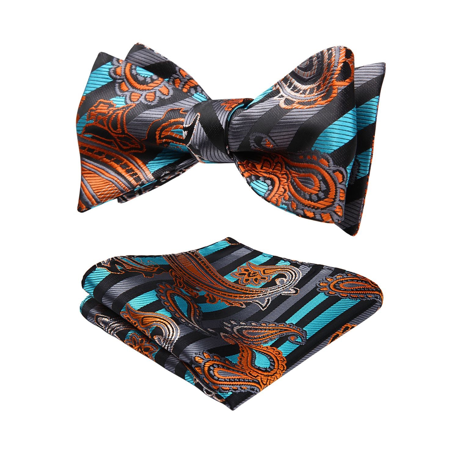 Paisley Bow Tie & Pocket Square - B-AQUA/ORANGE