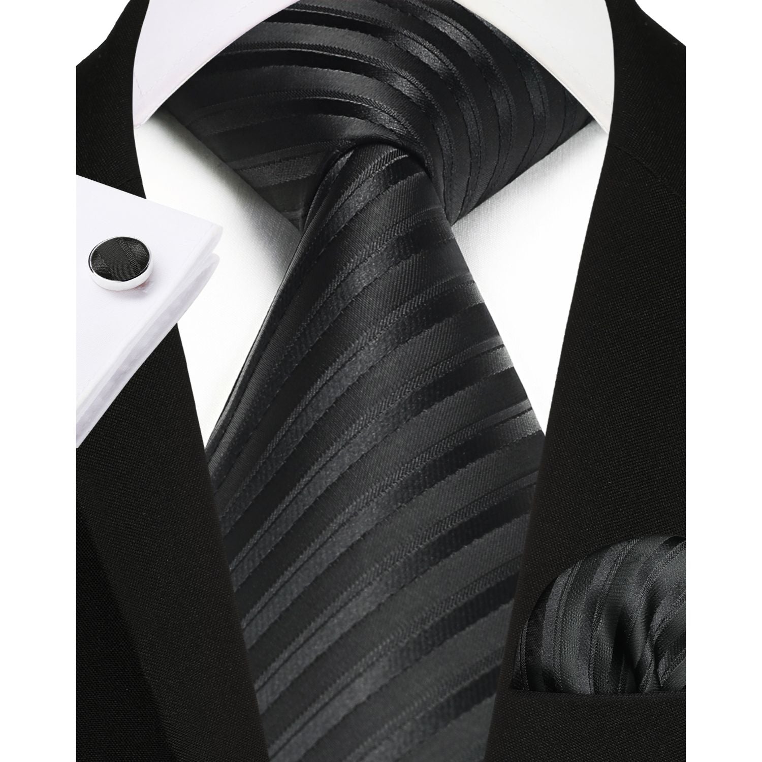Stripe Tie Handkerchief Cufflinks - BLACK