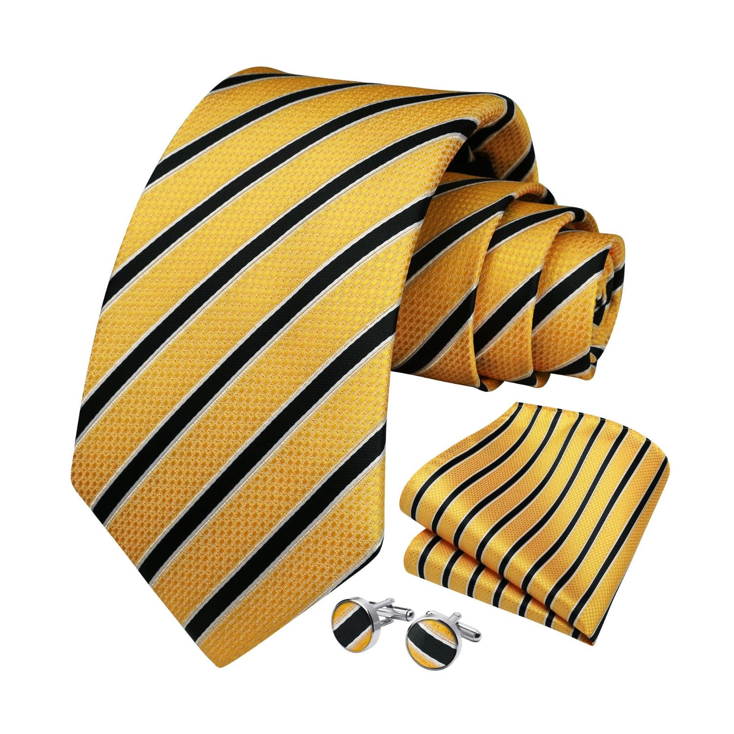 Stripe Tie Handkerchief Cufflinks - 02A-YELLOW