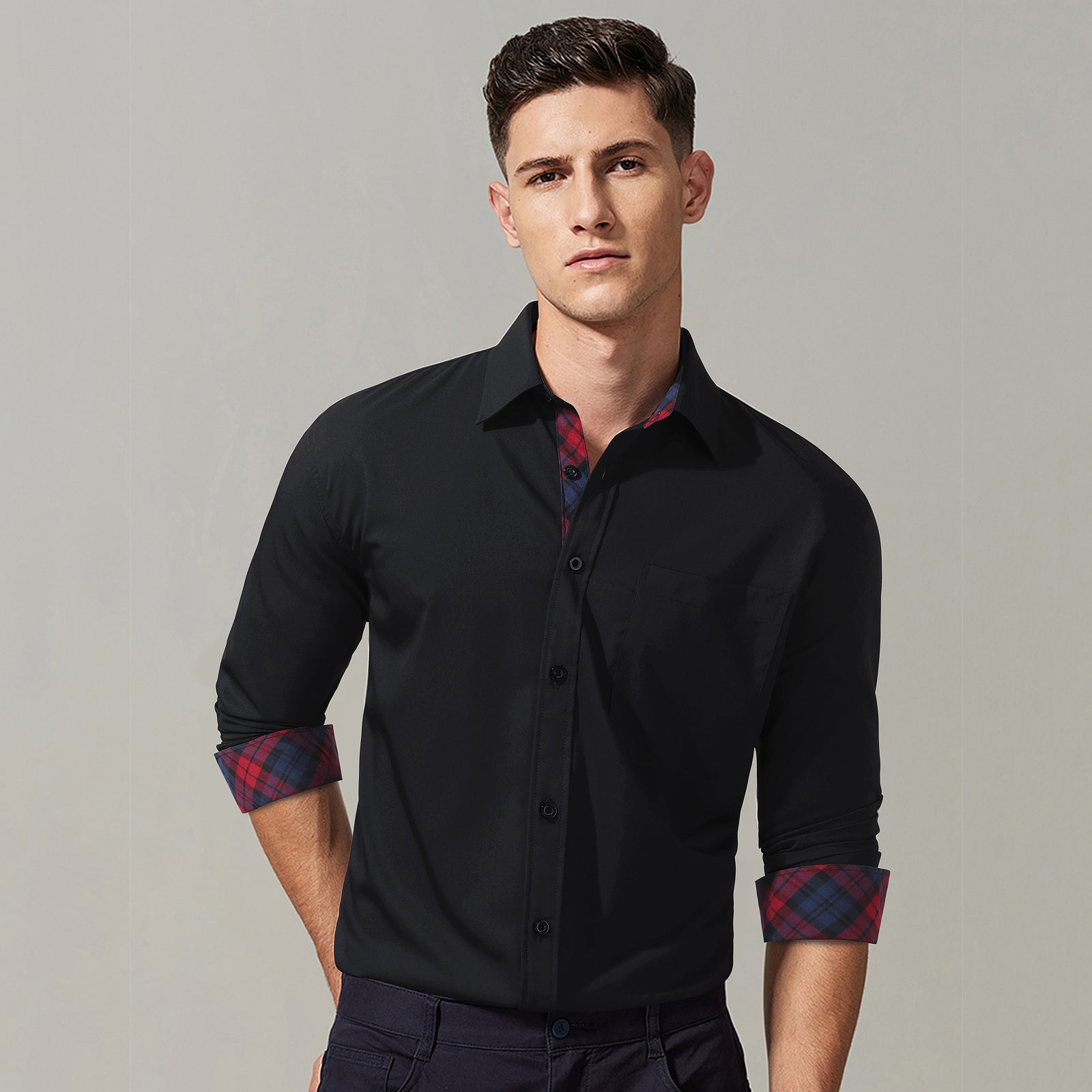Casual Formal Shirt with Pocket - 04-BLACK/RED