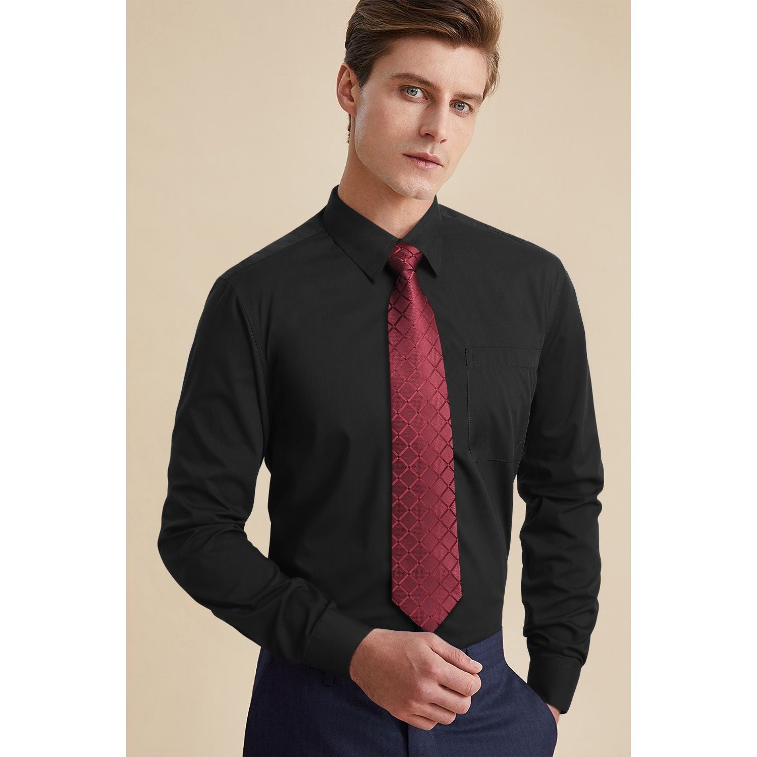 Men's Shirt with Tie Handkerchief Set - 01-BLACK/RED