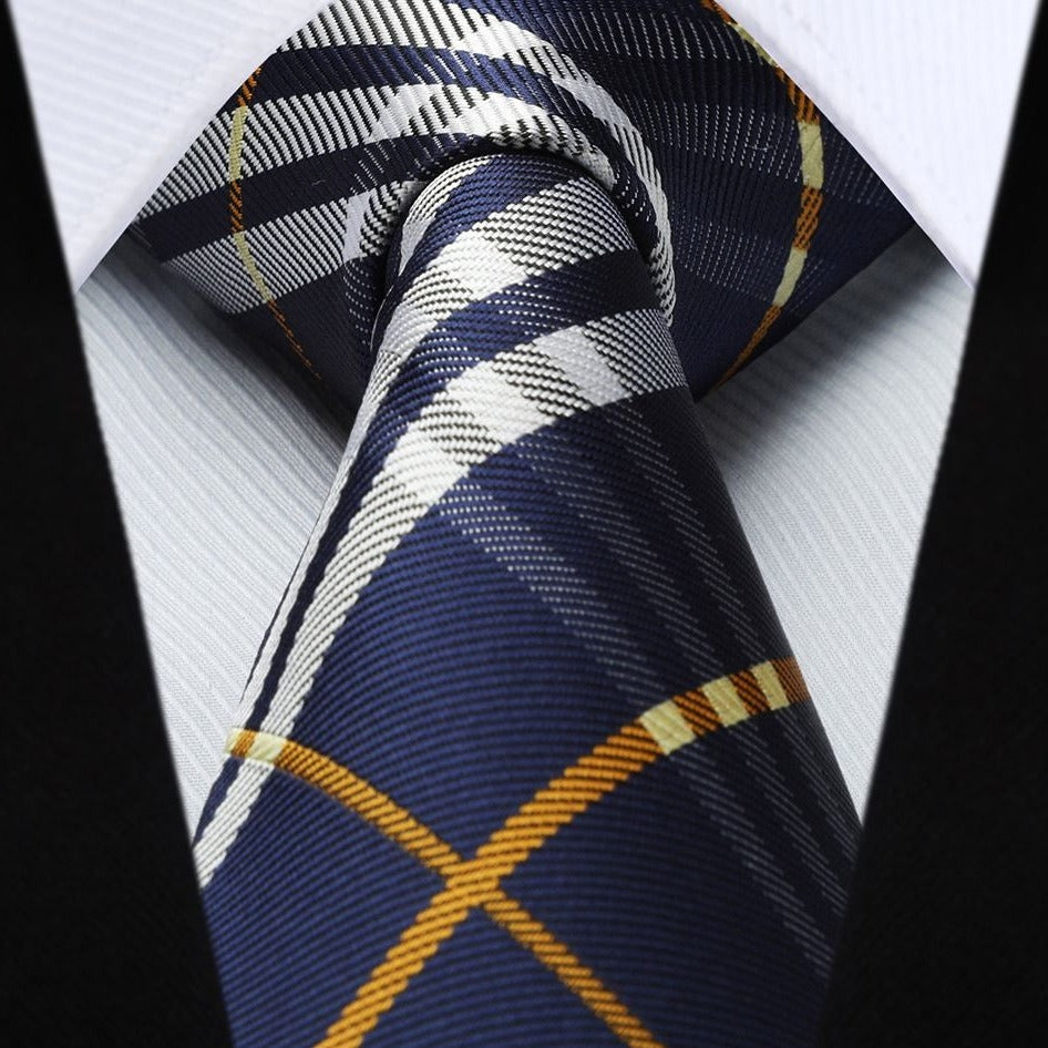 Plaid Tie Handkerchief Set - 056-NAVY BLUE GREY ORANGE