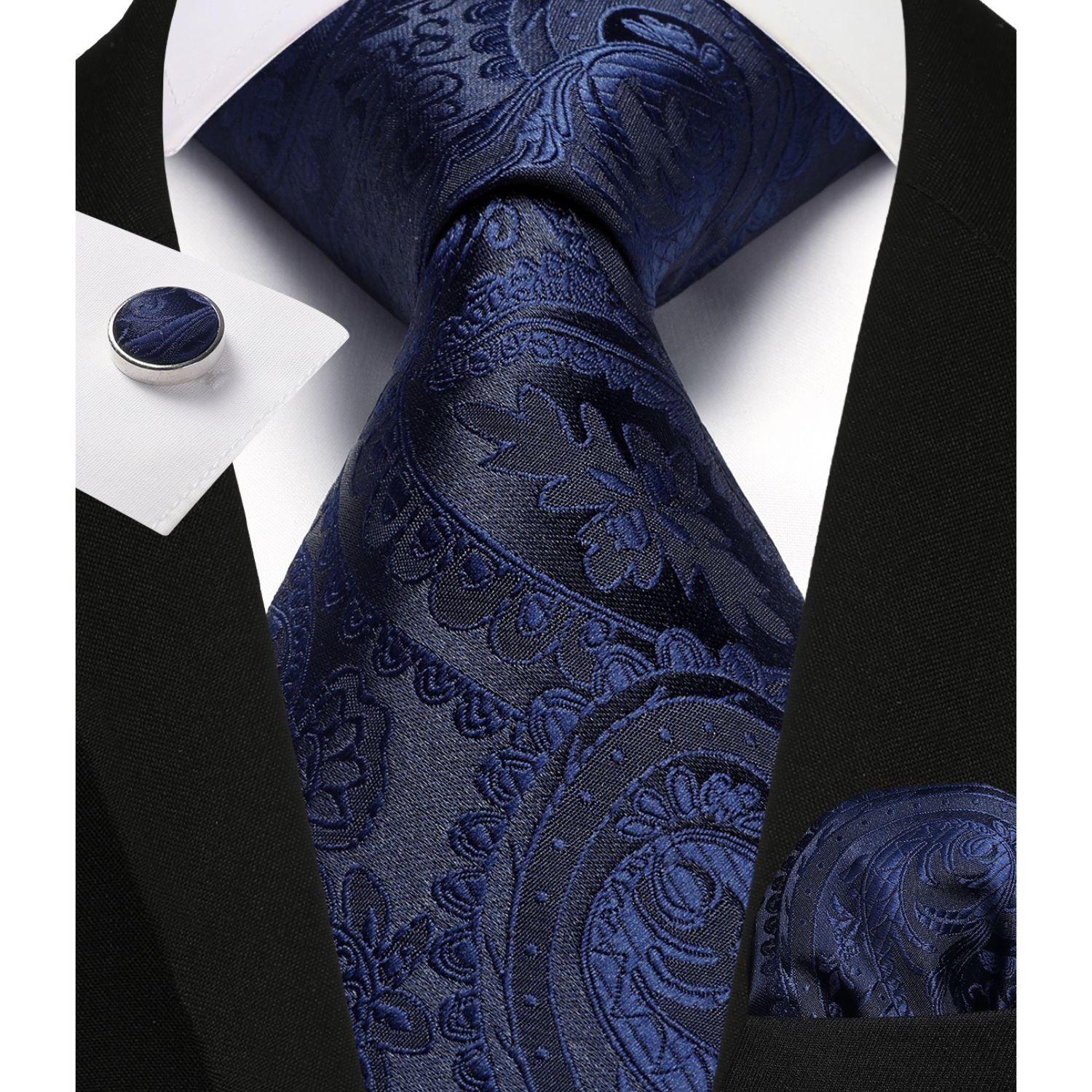 Paisley Tie Handkerchief Cufflinks - NAVY BLUE-2