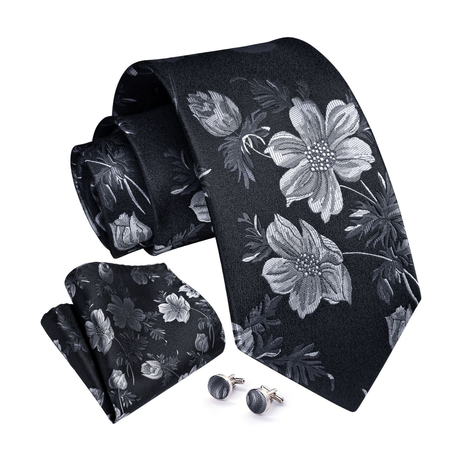 Floral Tie Handkerchief Cufflinks - A-BLACK