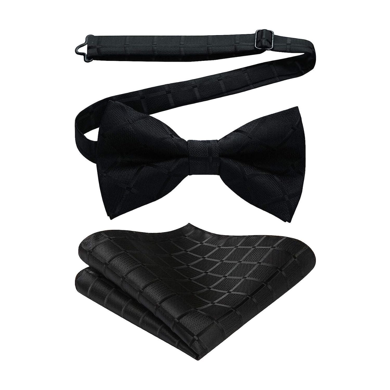 Plaid Pre-Tied Bow Tie & Pocket Square - C-BLACK