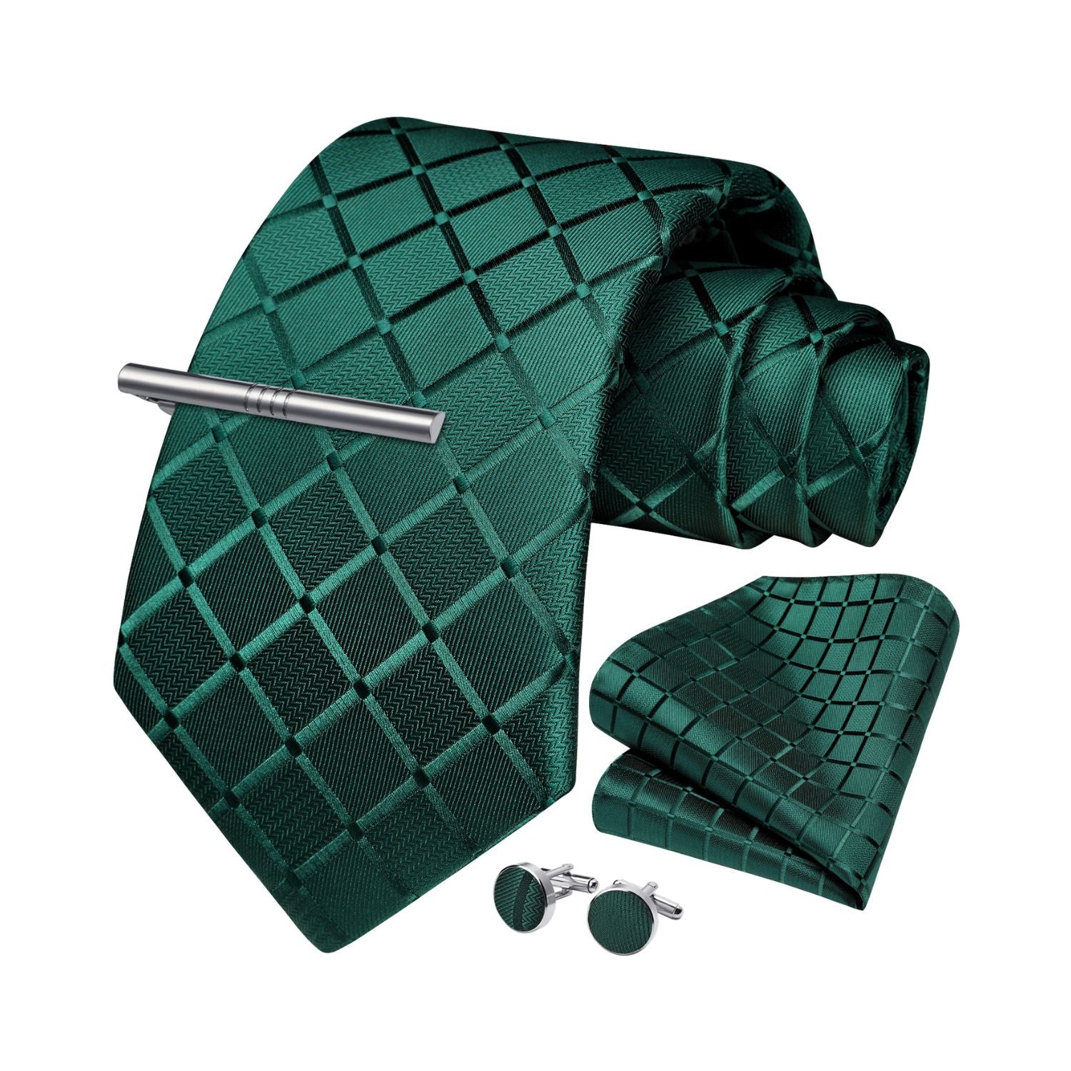 Plaid Tie Handkerchief Cufflinks Clip - DARK GREEN