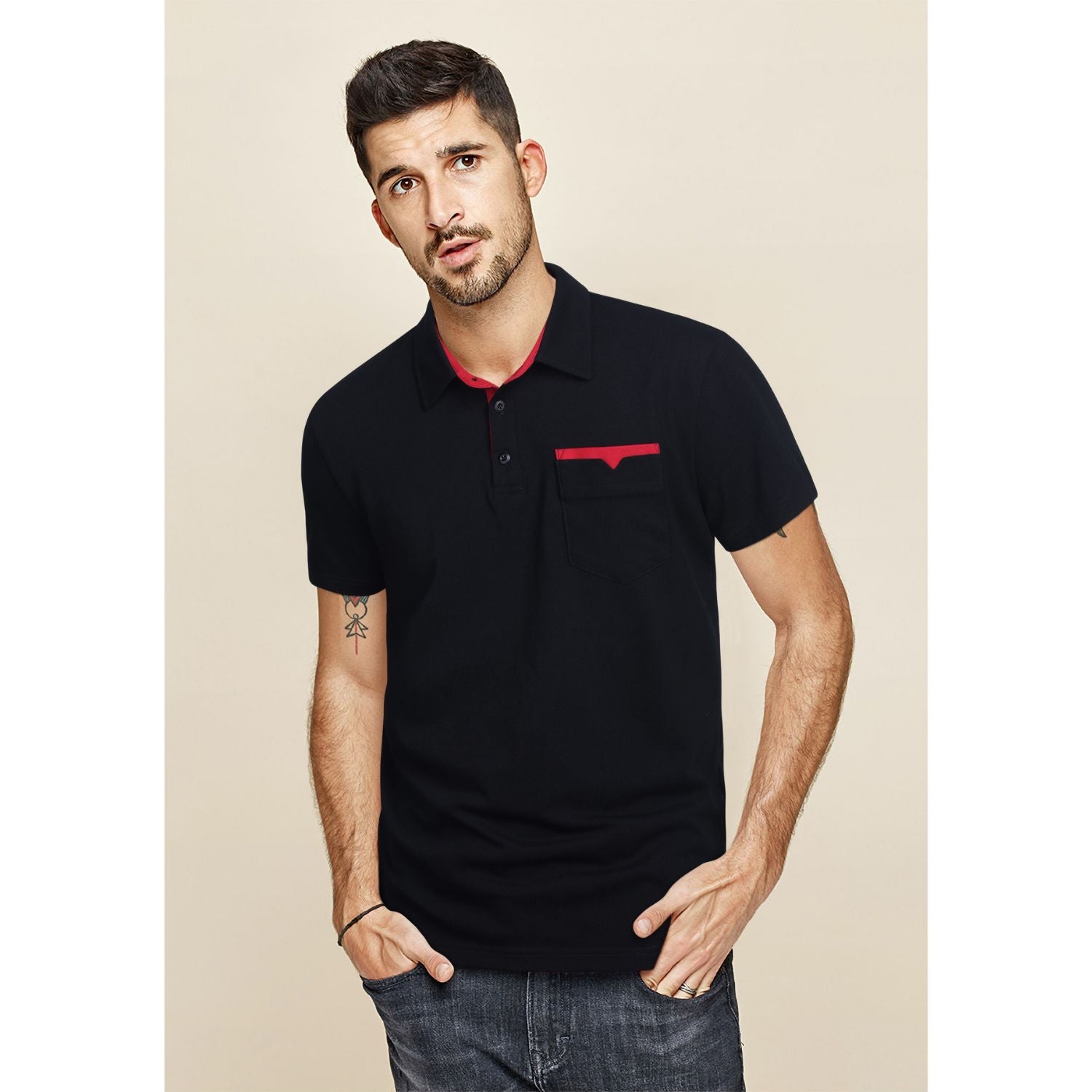 Polo Shirts Short Sleeve with Pocket - BLACK/RED