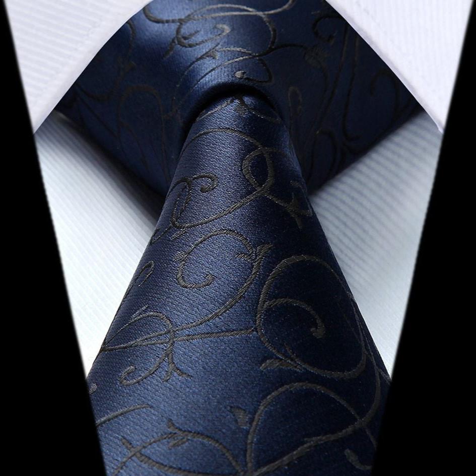 Floral 3.4 inch Tie Handkerchief Set - 12-NAVY BLUE/BLACK