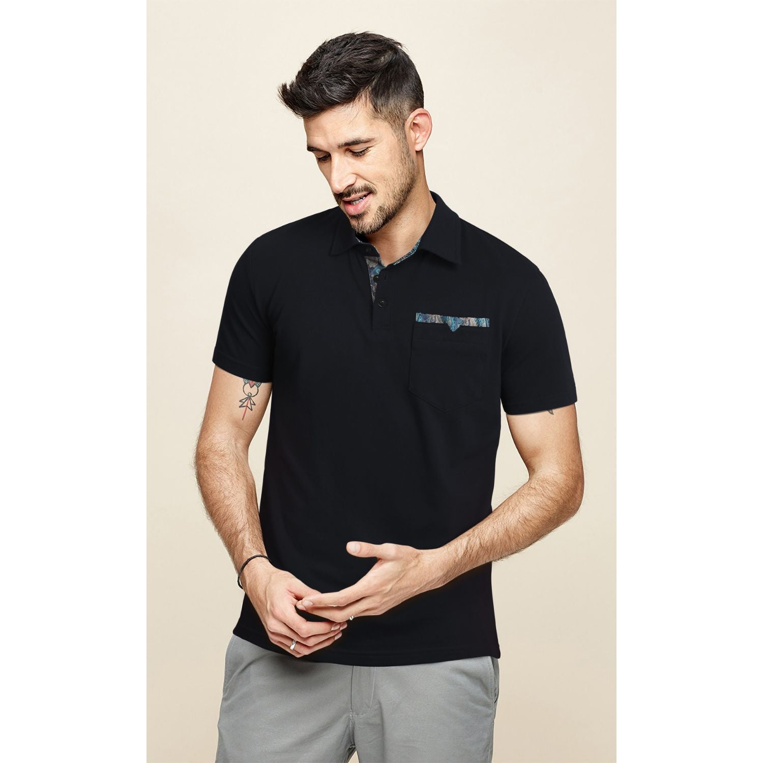 Polo Shirts Short Sleeve with Pocket - F-BLACK-PAISLEY