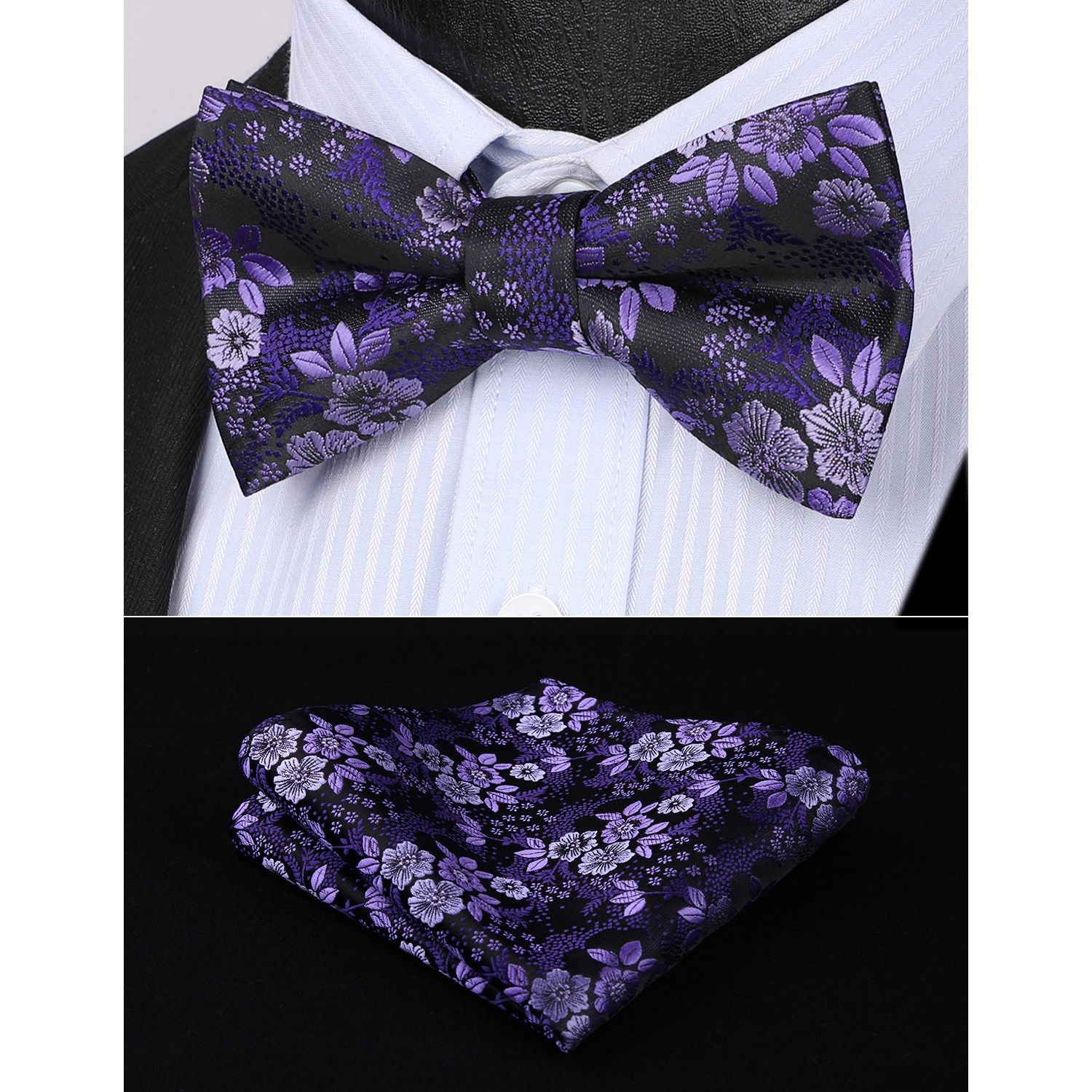 Floral Pre-Tied Bow Tie & Pocket Square - D-PURPLE 6