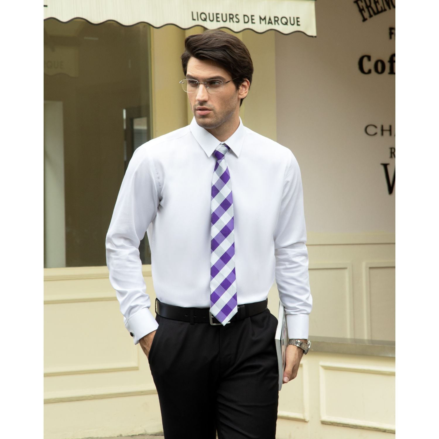 Plaid Tie Handkerchief Set - C-PURPLE