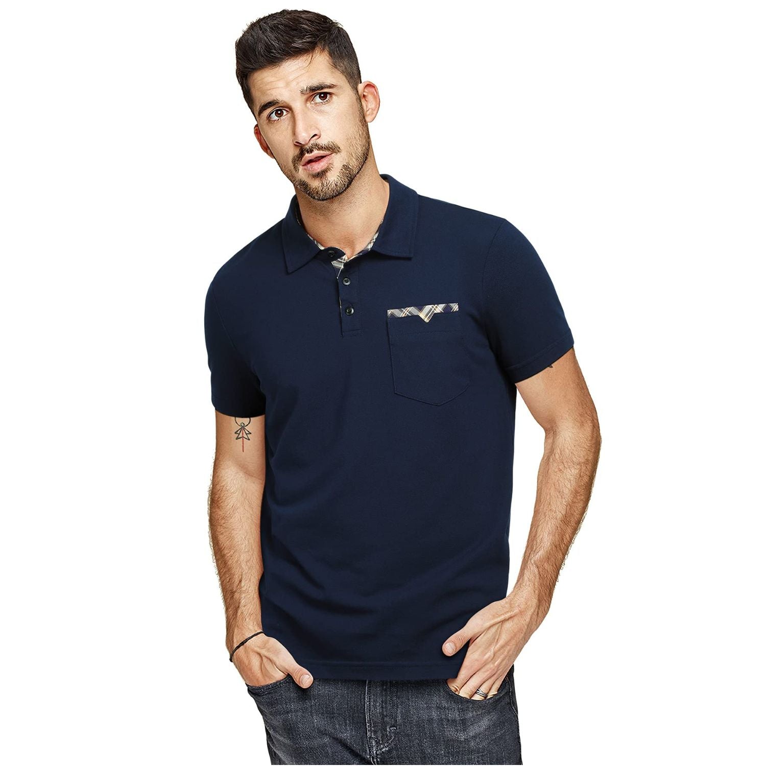 Men's Polo Shirt with Pocket - I-BLUE-CHECKED1
