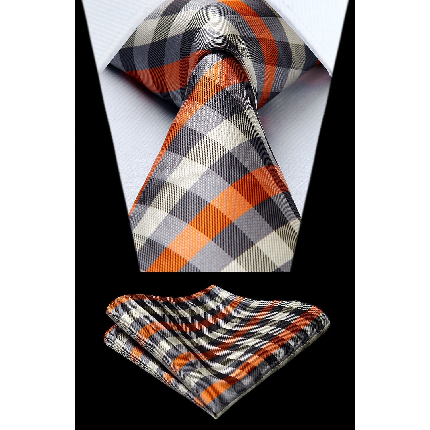 Plaid Tie Handkerchief Set - B8-ORANGE