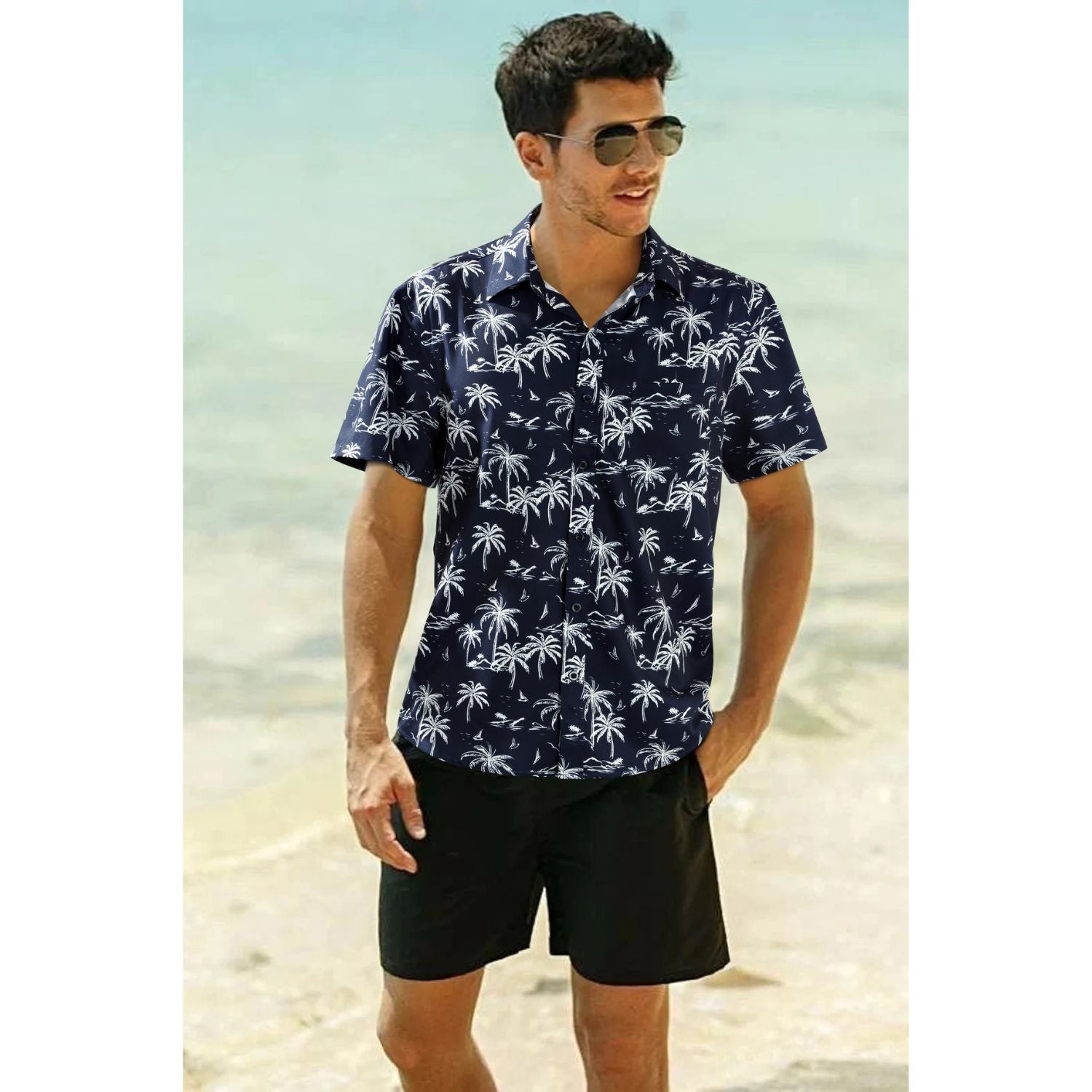 Hawaiian Tropical Shirts with Pocket - B-06 NAVY BLUE