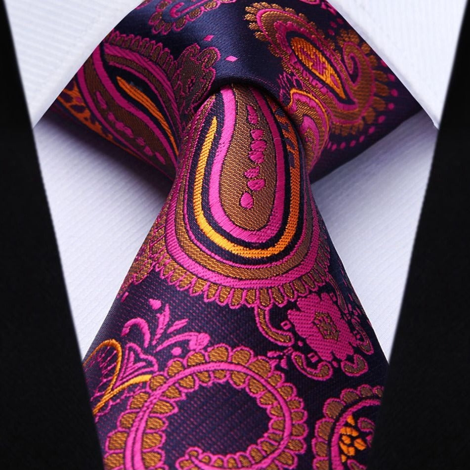 Paisley Floral Tie Handkerchief Set - A33-VIOLET RED/ORANGE