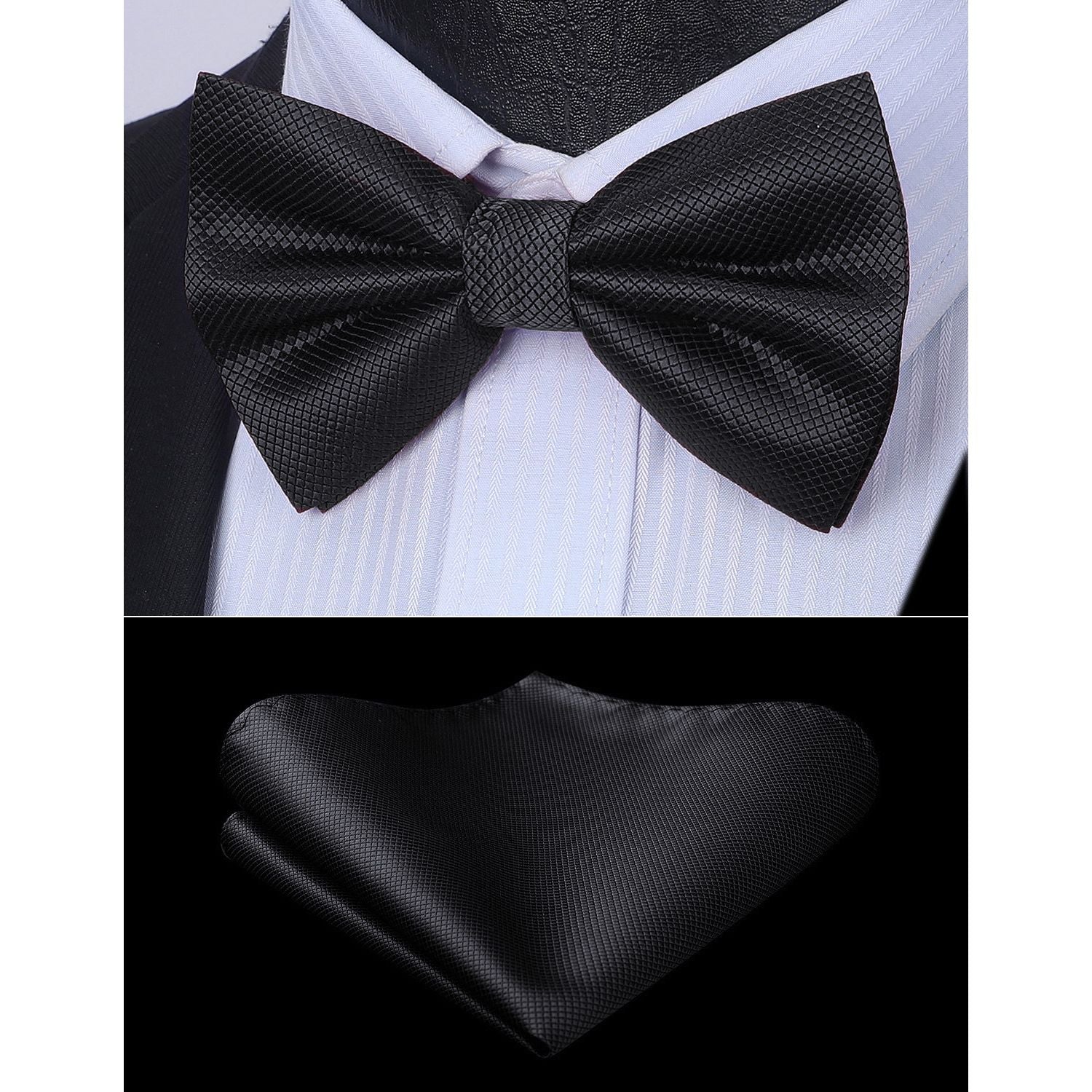 Solid Pre-Tied Bow Tie & Pocket Square - B-BLACK 3
