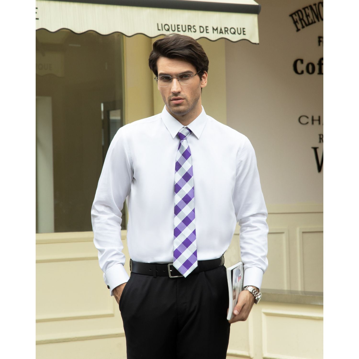 Plaid Tie Handkerchief Set - C-PURPLE
