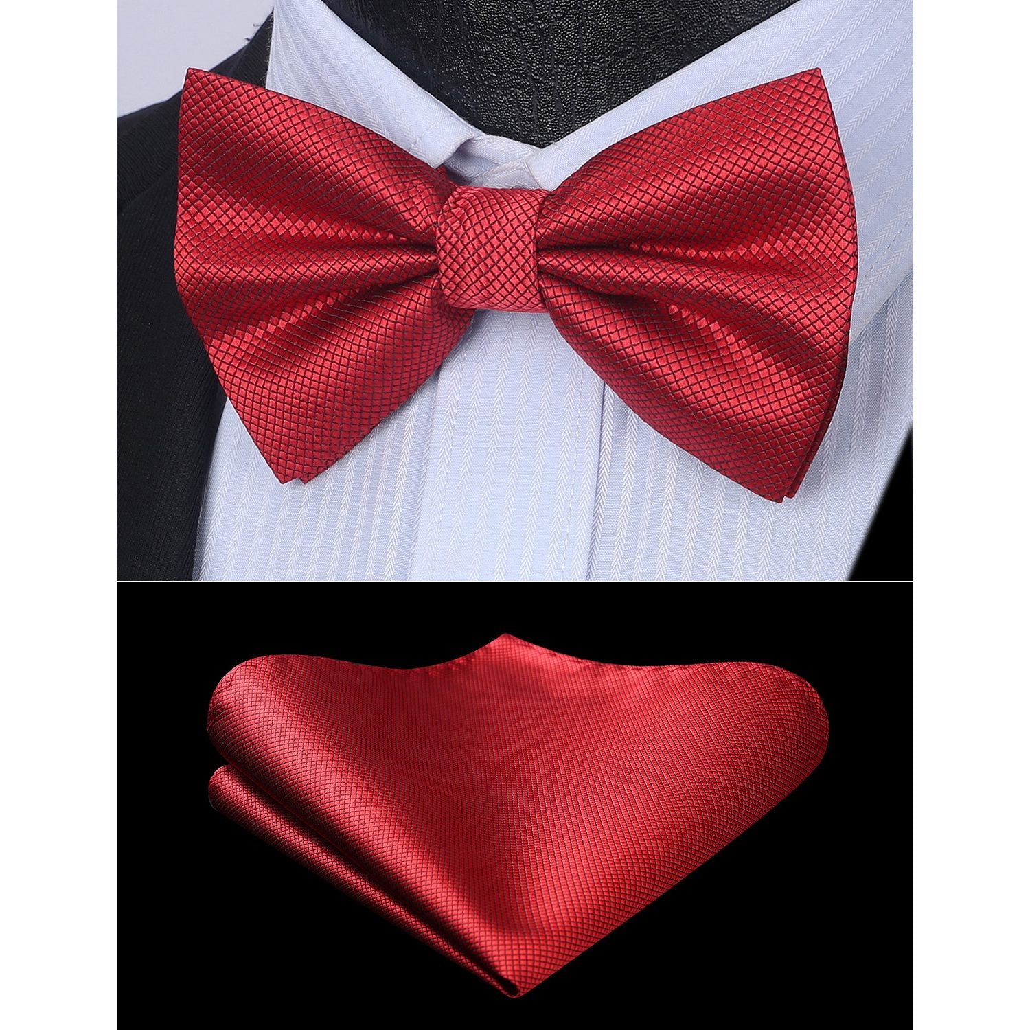 Solid Pre-Tied Bow Tie & Pocket Square - C-RED 2
