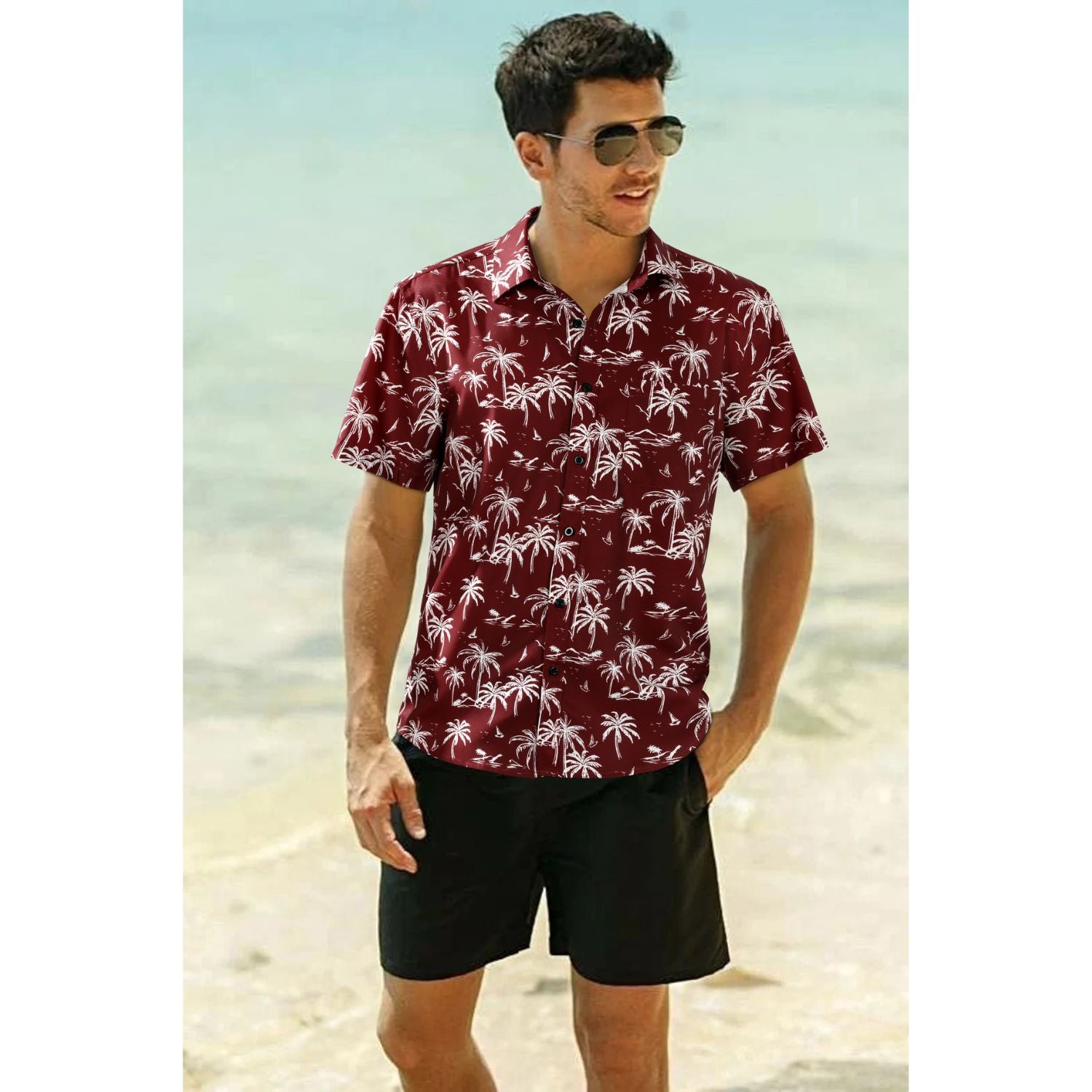 Hawaiian Tropical Shirts with Pocket - F-BURGUNDY