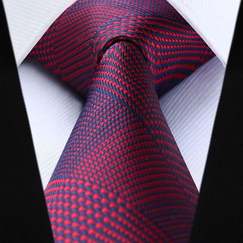 Plaid Tie Handkerchief Set - B-02 RED/NAVY BLUE