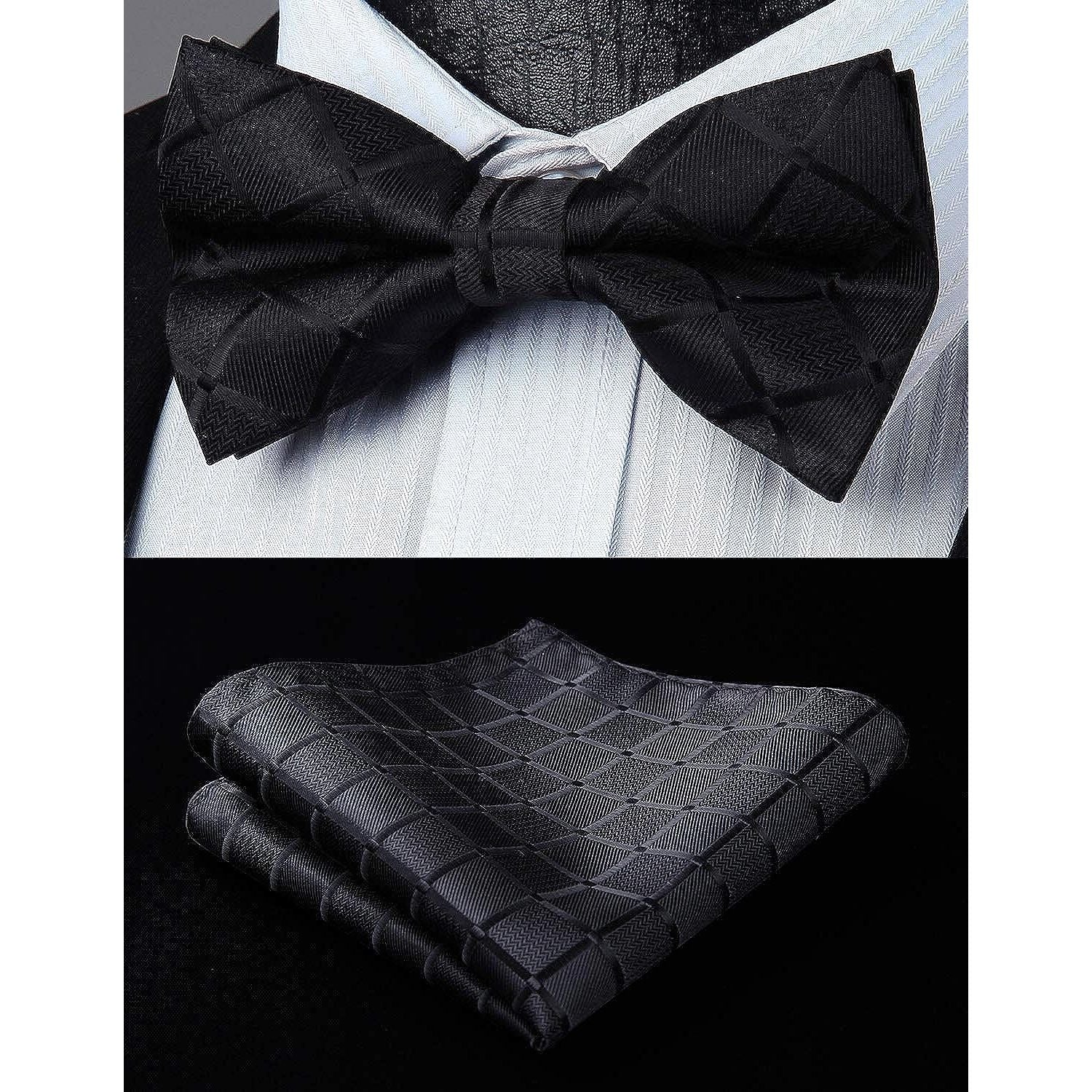 Plaid Pre-Tied Bow Tie & Pocket Square - C-BLACK