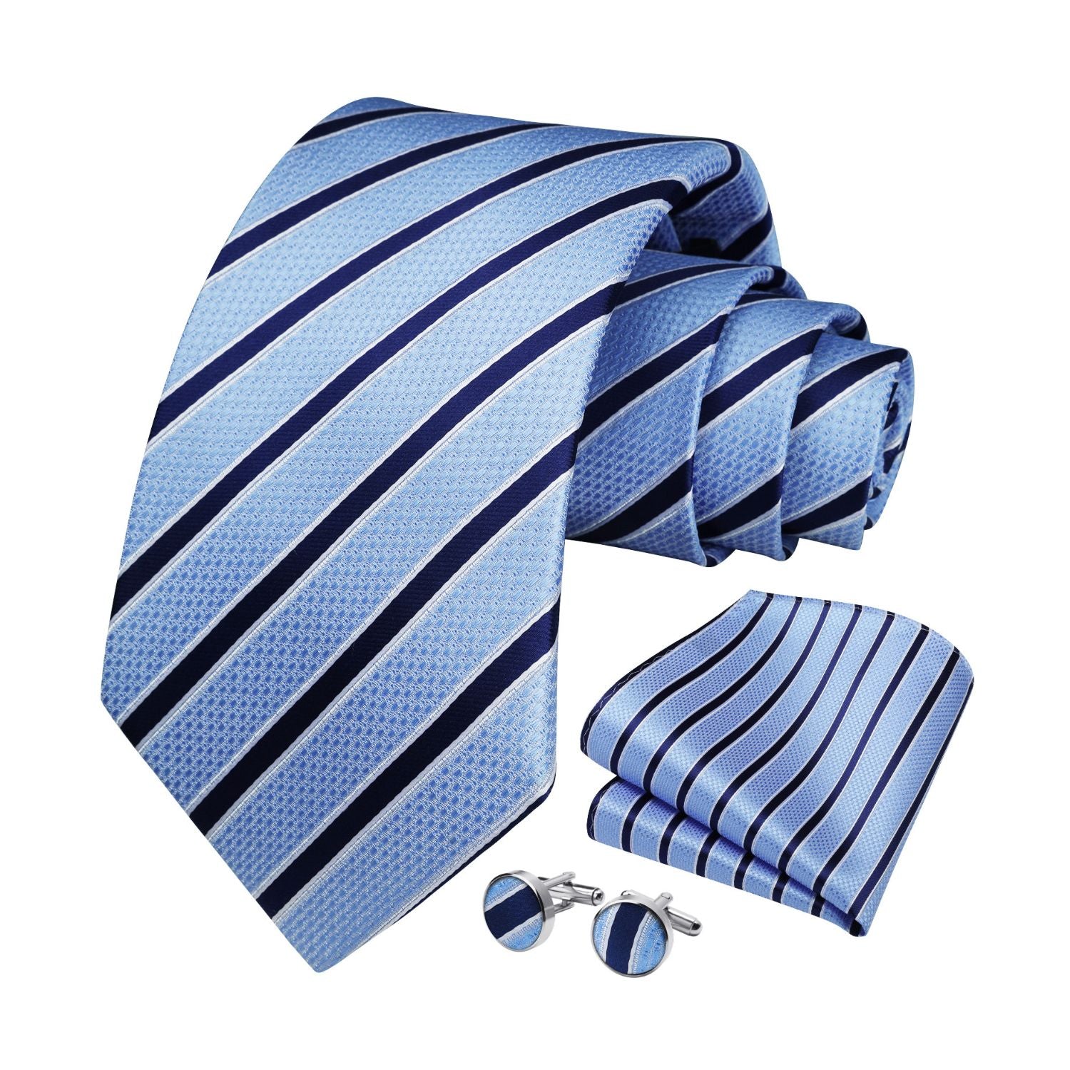 Stripe Tie Handkerchief Cufflinks - 01-SKY BLUE