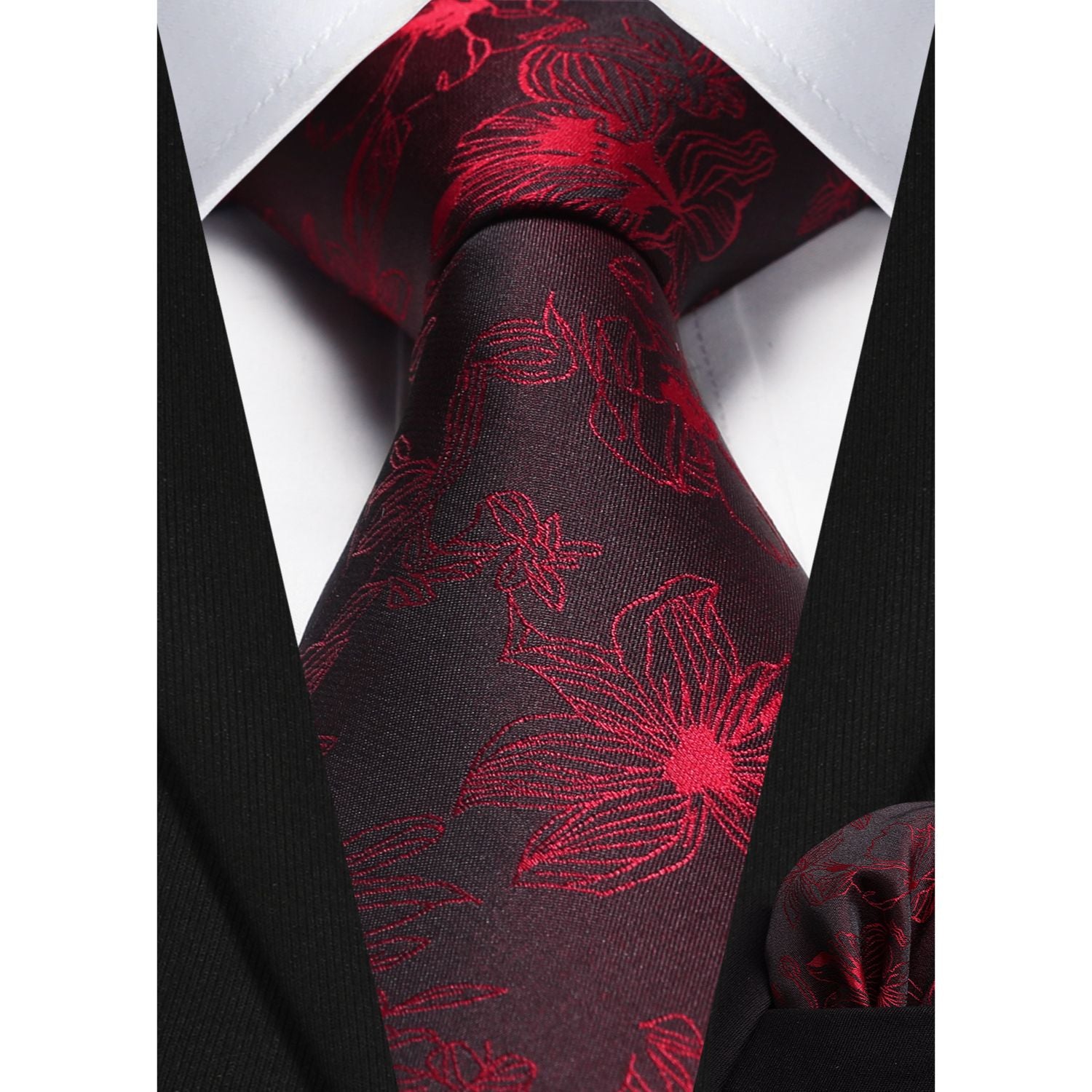 Floral Tie Handkerchief Set - A34-BLACK/RED
