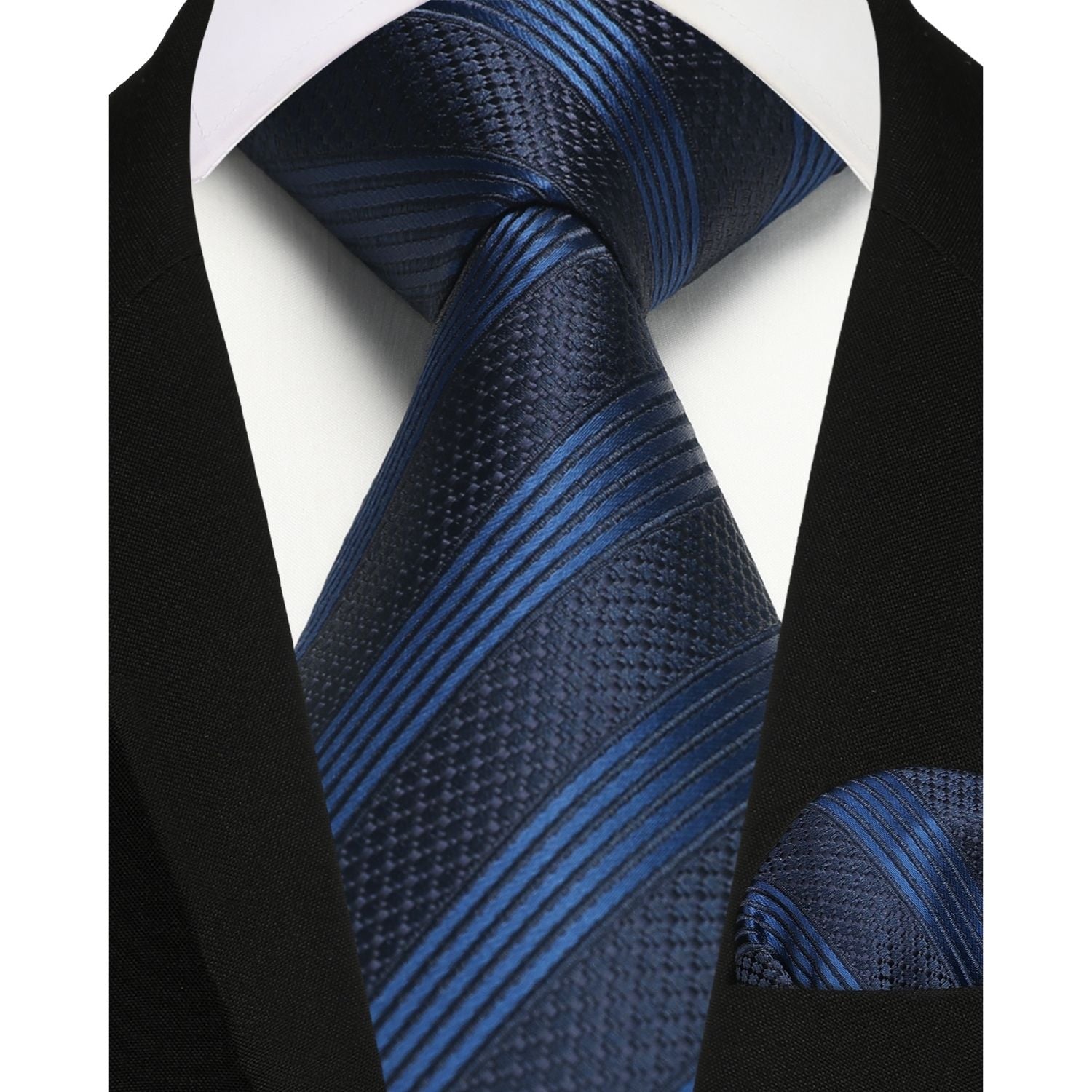 Stripe Tie Handkerchief Set - NAVY BLUE