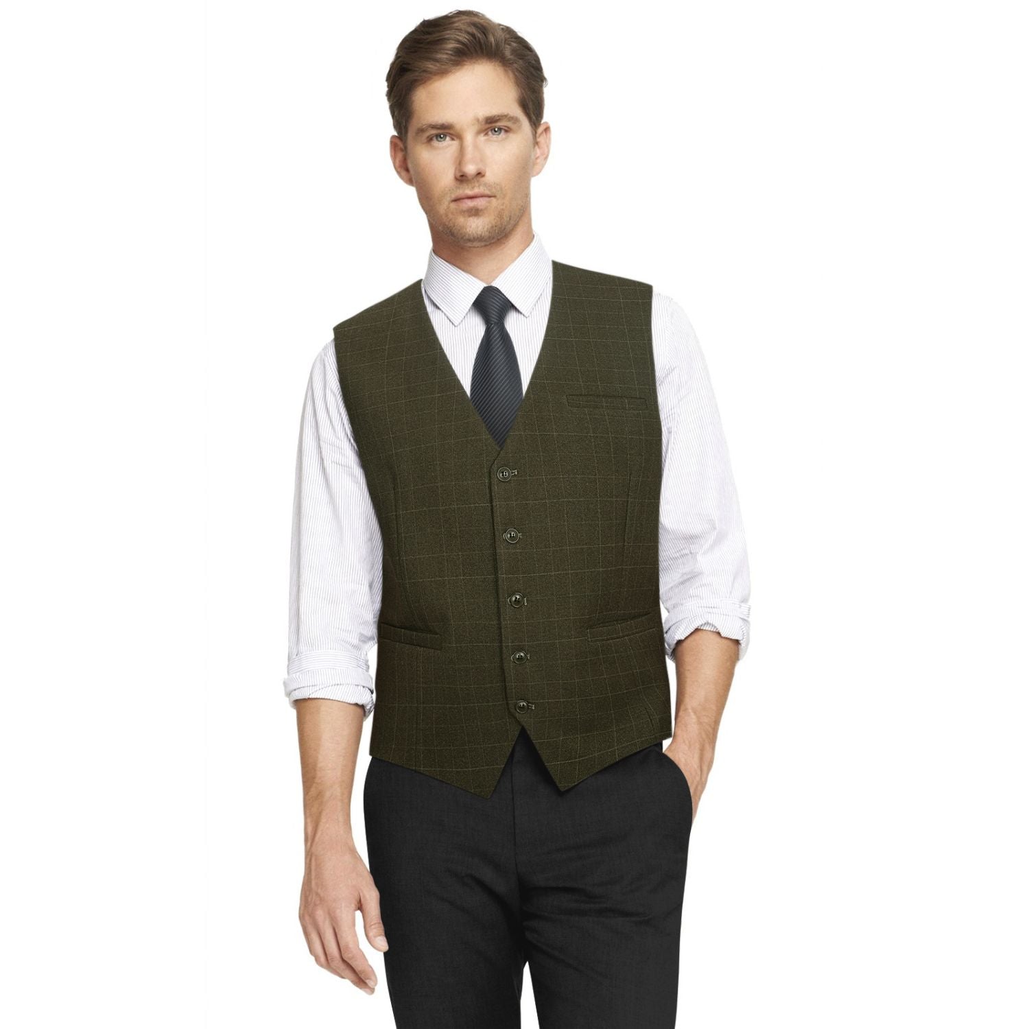 Plaid Slim Vest - A-OLIVE GREEN