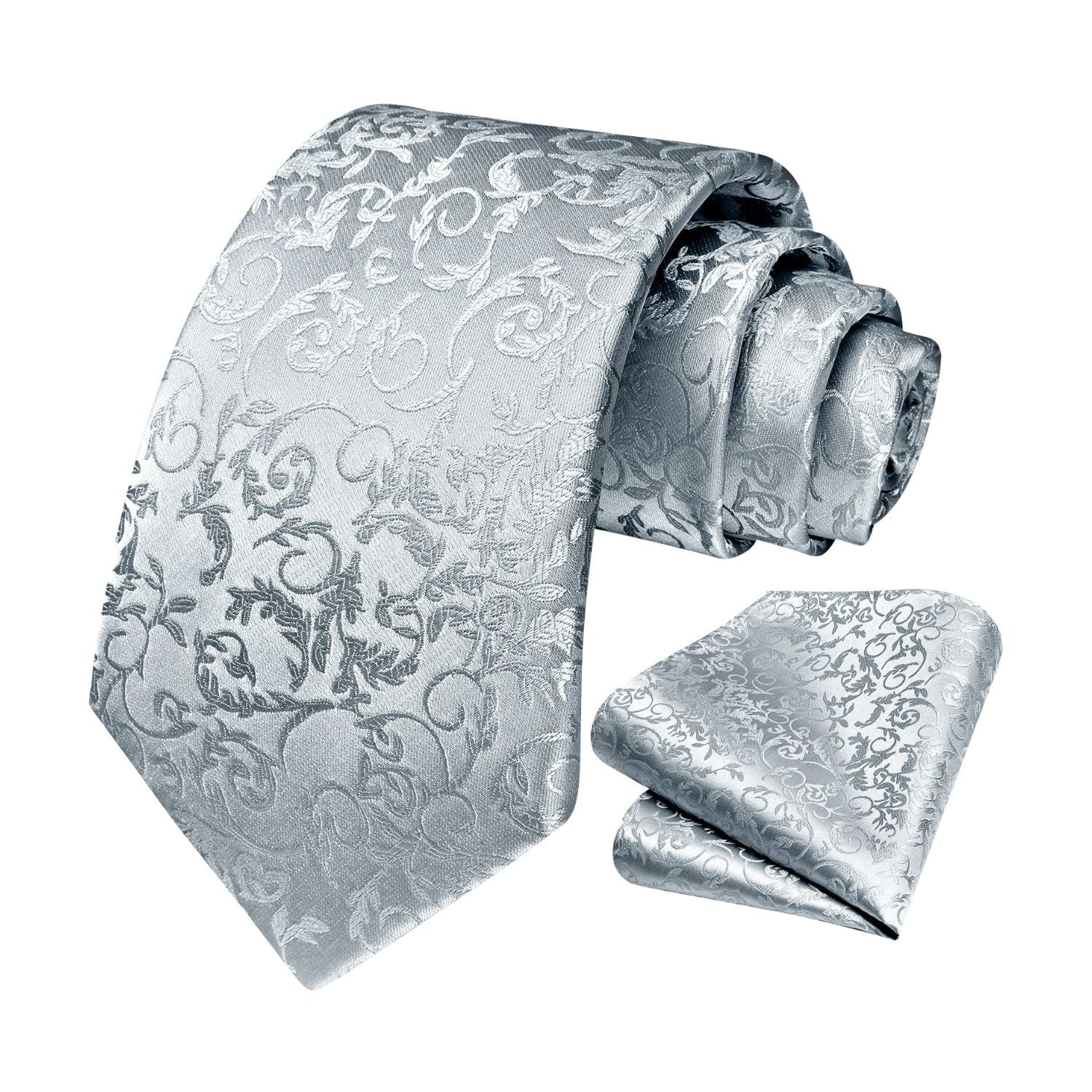 Floral Tie Handkerchief Set - A1-SILVER GRAY